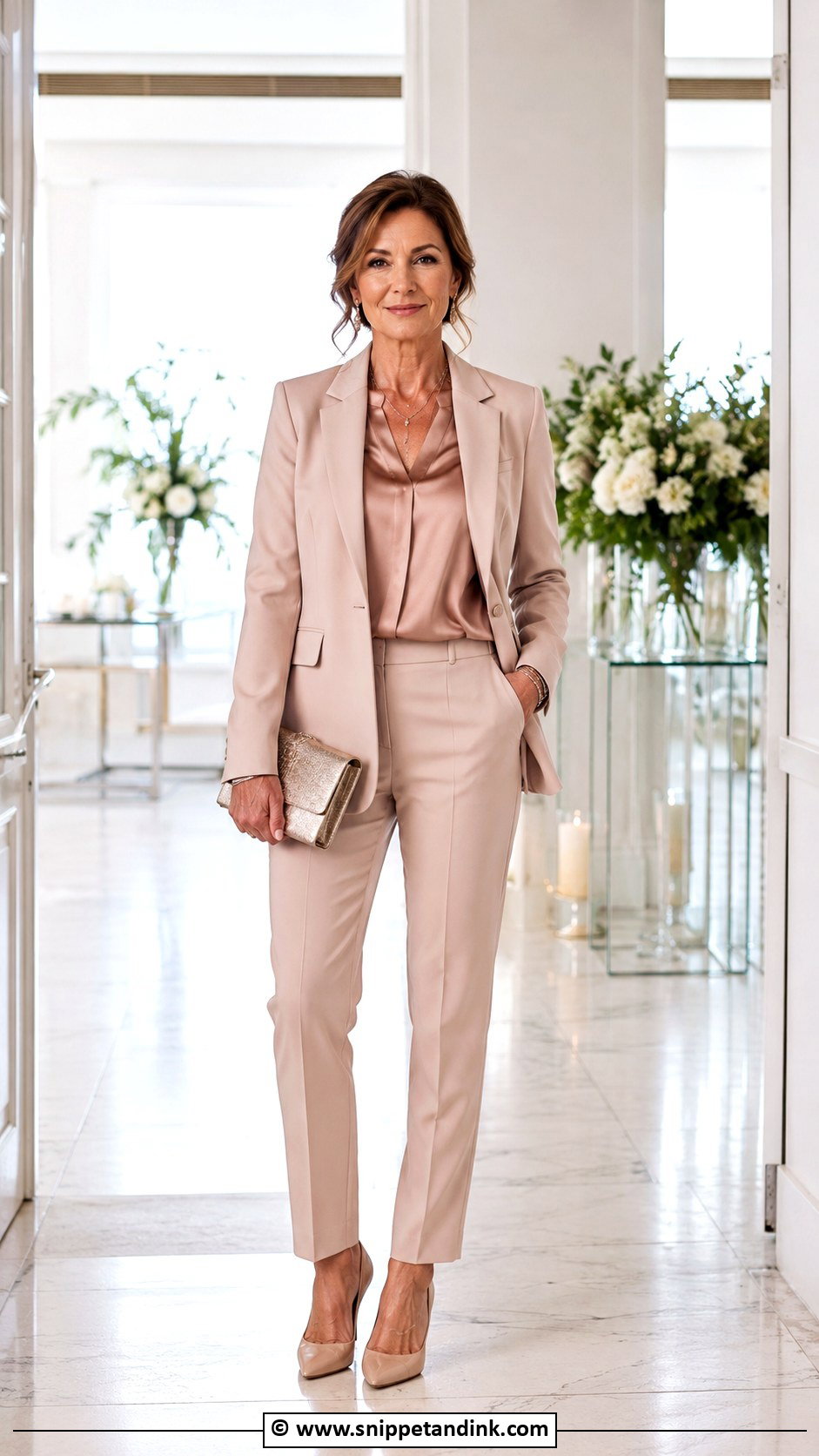 Brautmutter Blush Blazer And Trousers Outfit - Snippet and Ink - 30 Brautmutter Outfit Ideas