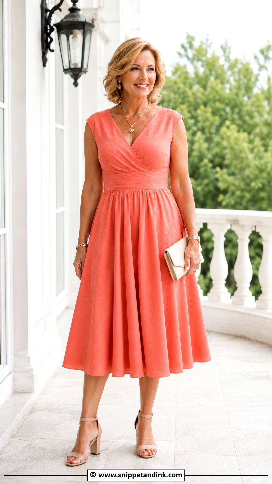 Brautmutter Coral Midi Dress Outfit - Snippet and Ink - 30 Brautmutter Outfit Ideas