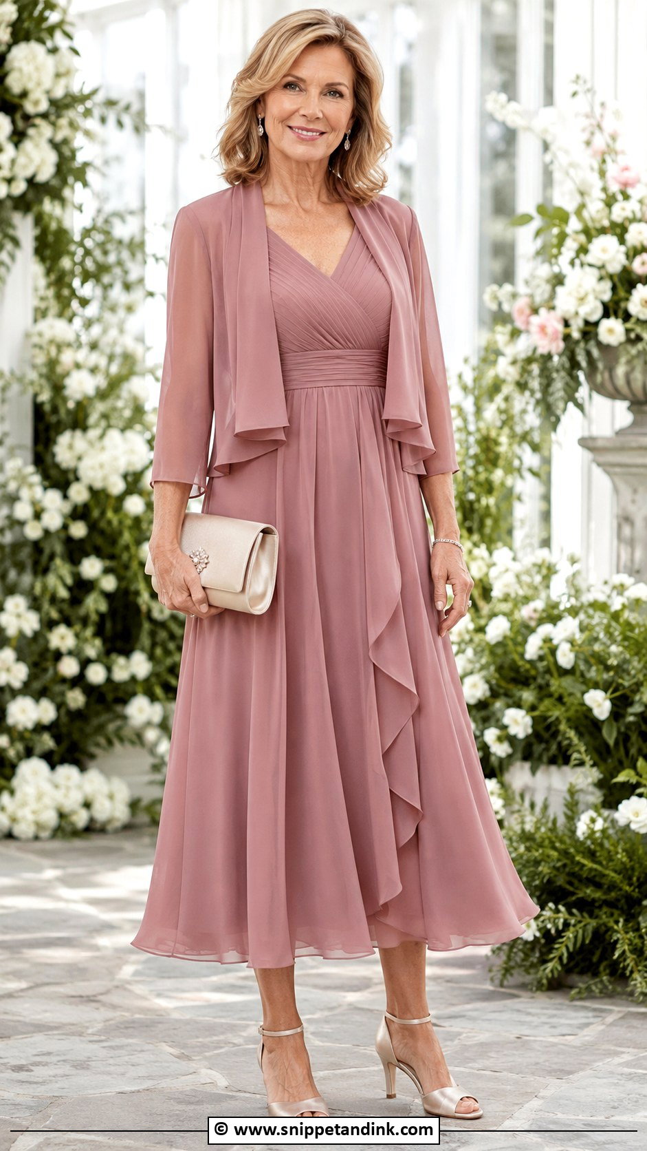 Brautmutter Dusty Rose Chiffon Dress Outfit - Snippet and Ink - 30 Brautmutter Outfit Ideas