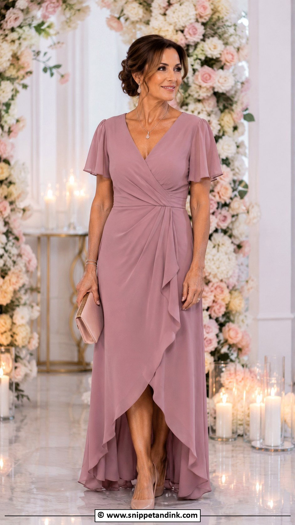 Brautmutter Mauve Wrap Dress Outfit - Snippet and Ink - 30 Brautmutter Outfit Ideas