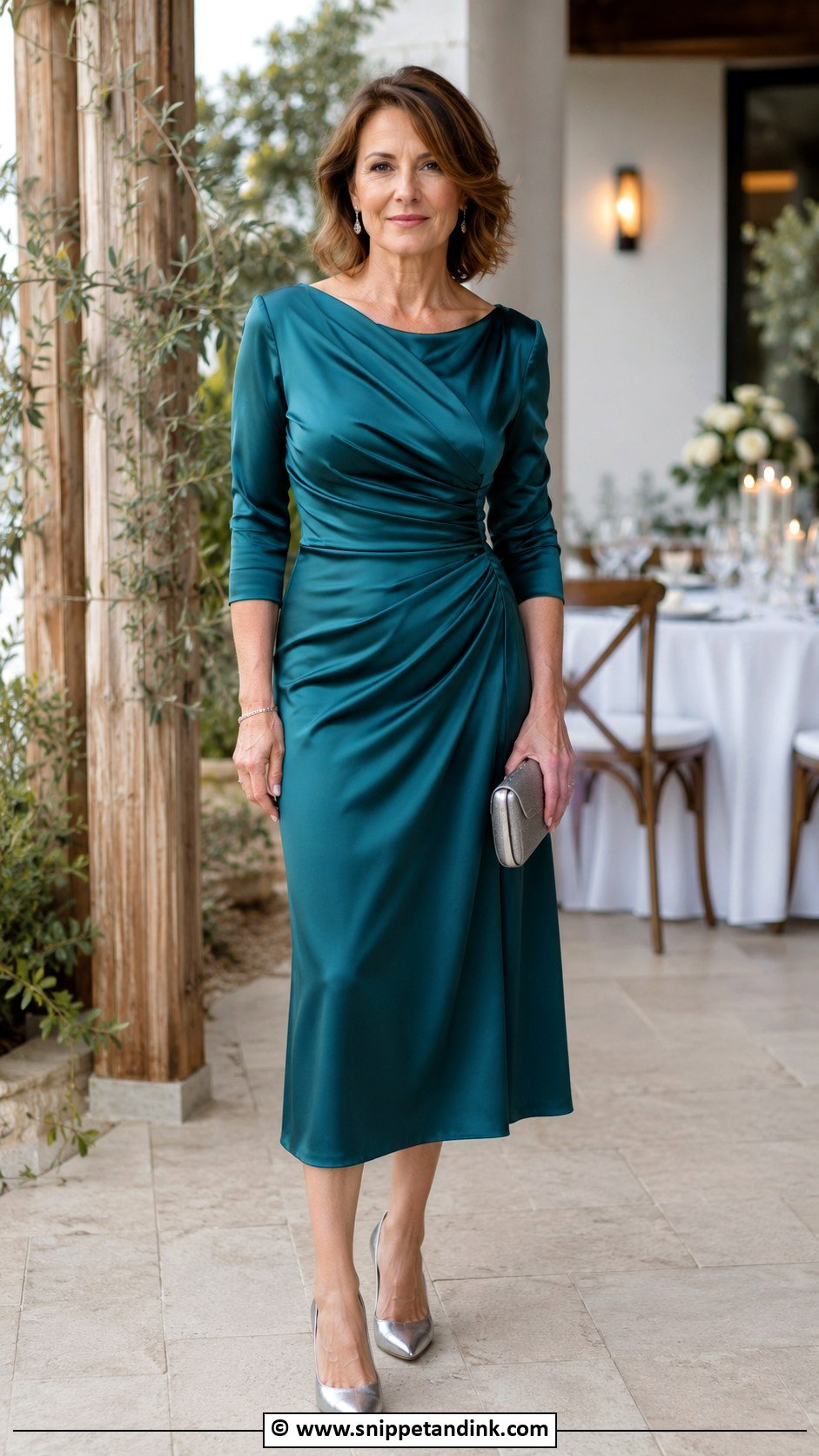 Brautmutter Teal Satin Midi Dress Outfit - Snippet and Ink - 30 Brautmutter Outfit Ideas