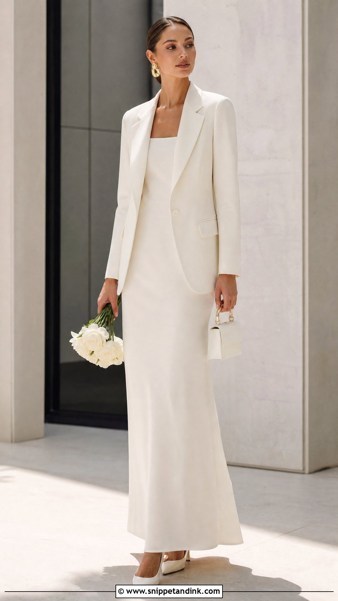 Bridal Blazer With Column Wedding Dress - Snippet and Ink - 20 Wedding Jacket Bride Cover Up Ideas