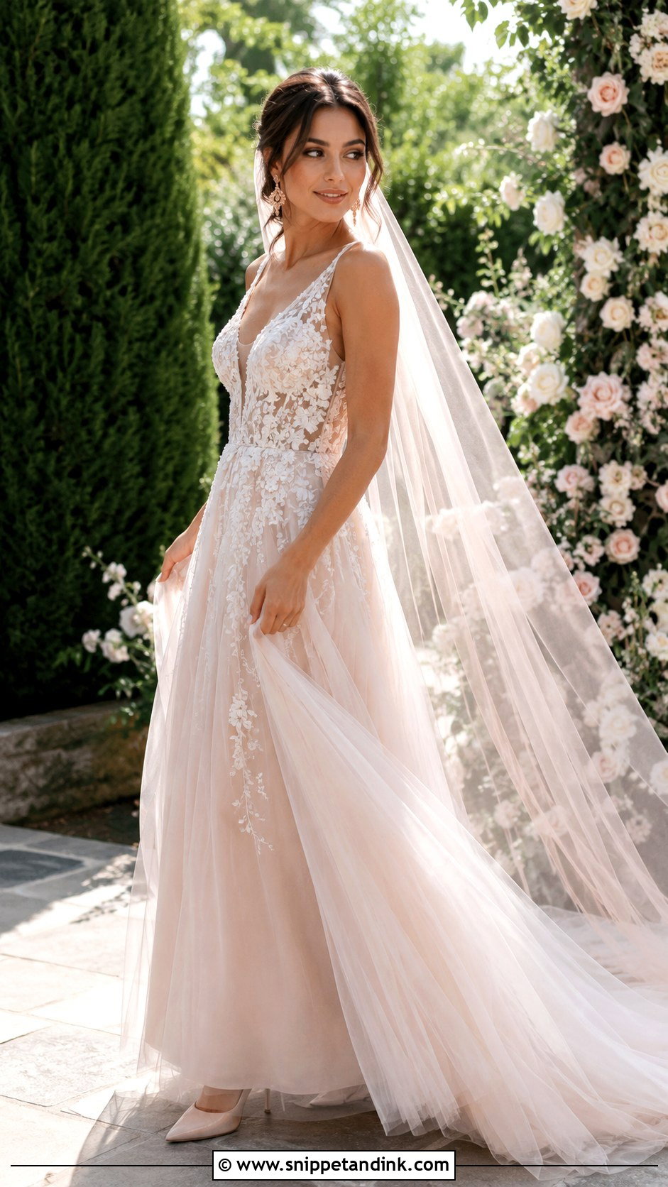 Bridal Blush Gown With Rose Gold Accessories - Snippet and Ink - 20 Bridal Attire Ideas