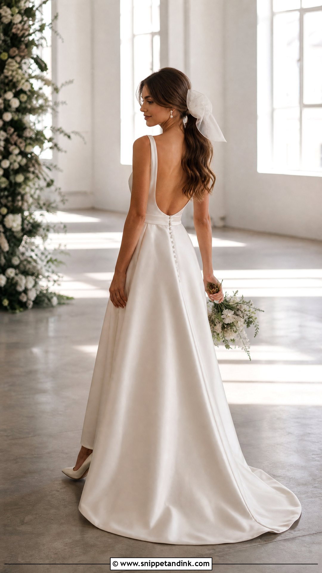 Bridal Bow Ponytail For Open Back Wedding Dress - Snippet and Ink - 20 Open Back Wedding Dress Hairstyles