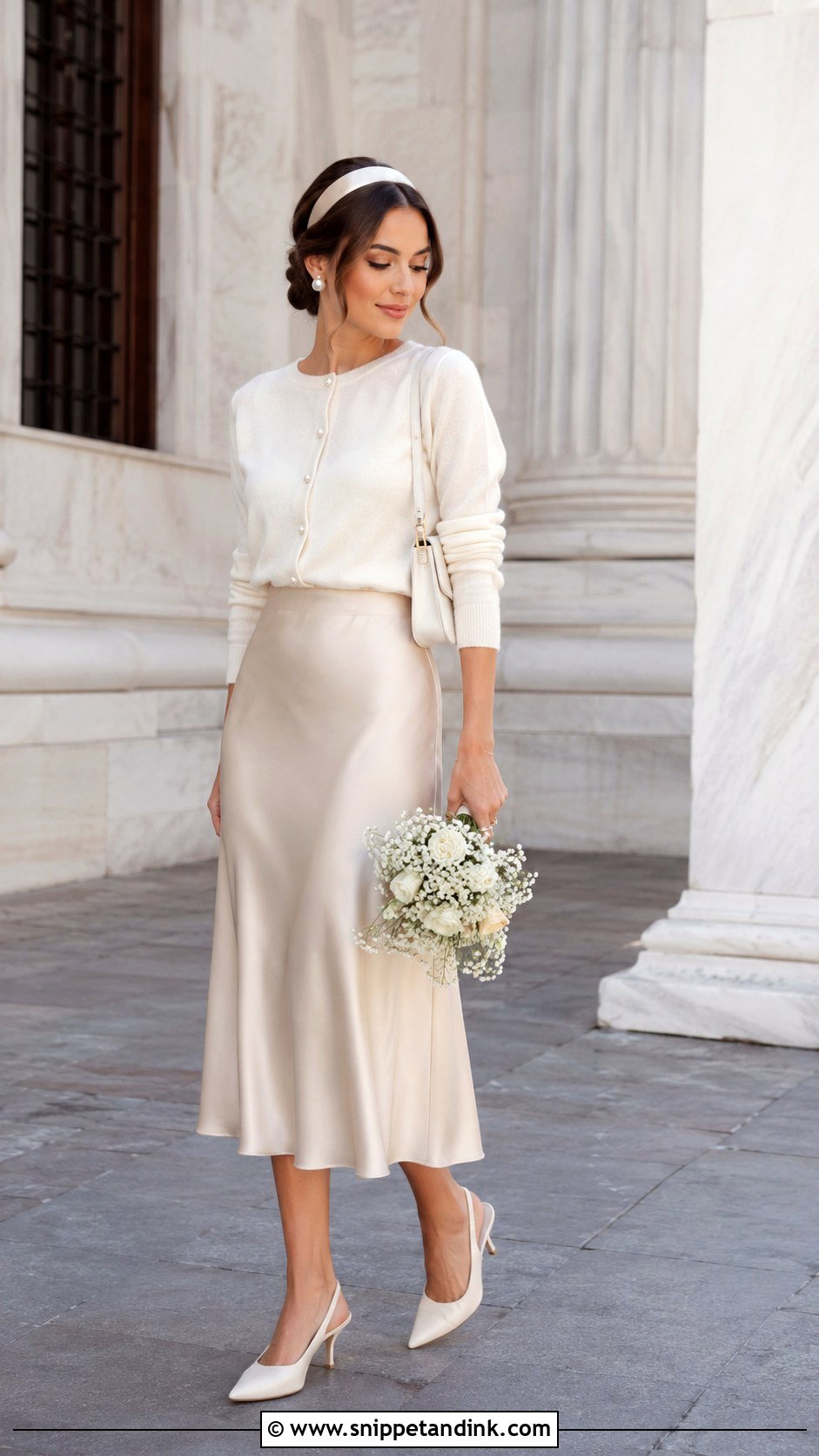 Bridal Cardigan And Satin Skirt Civil Wedding Outfit - Snippet and Ink - 20 Casual Civil Wedding Outfit the Bride Ideas