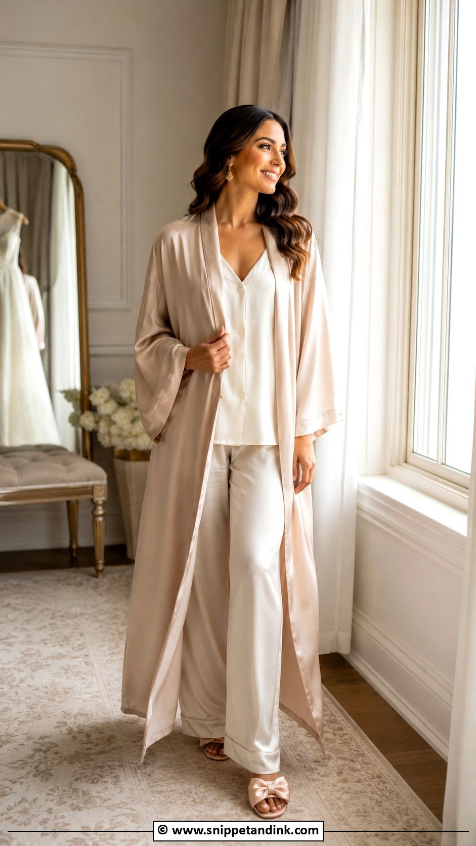Bridal Champagne Robe Outfit - Snippet and Ink - 30 Bridal Getting Ready Outfit Ideas