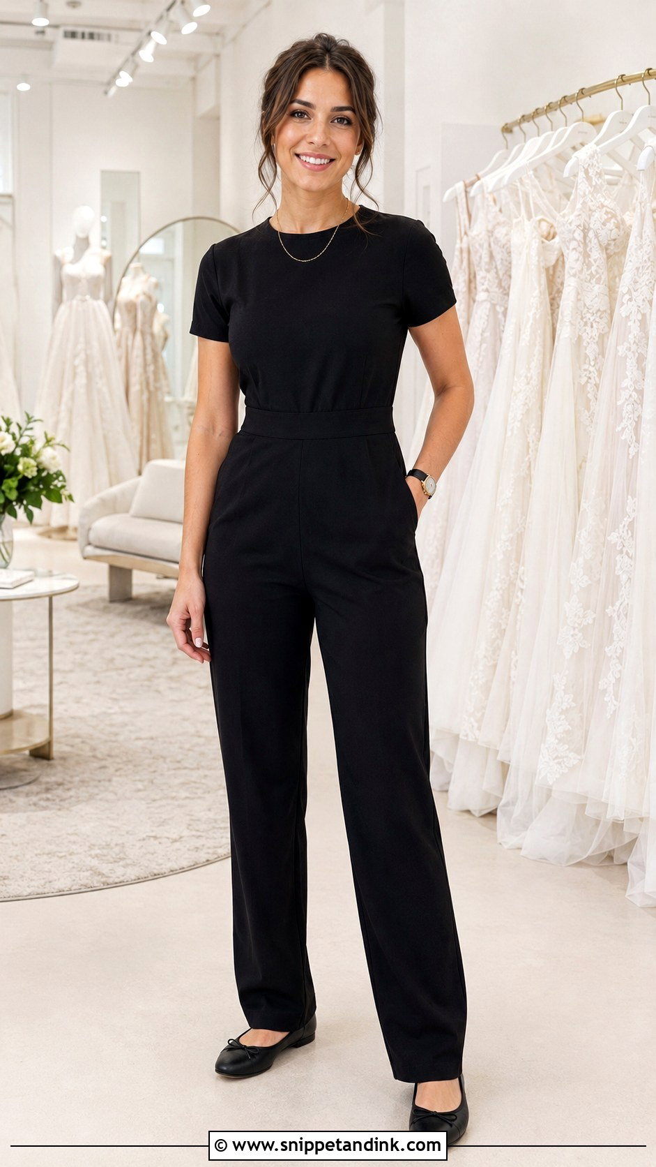 Bridal Consultant Black Jumpsuit And Flats Outfit - Snippet and Ink - 20 Bridal Consultant Outfit Ideas