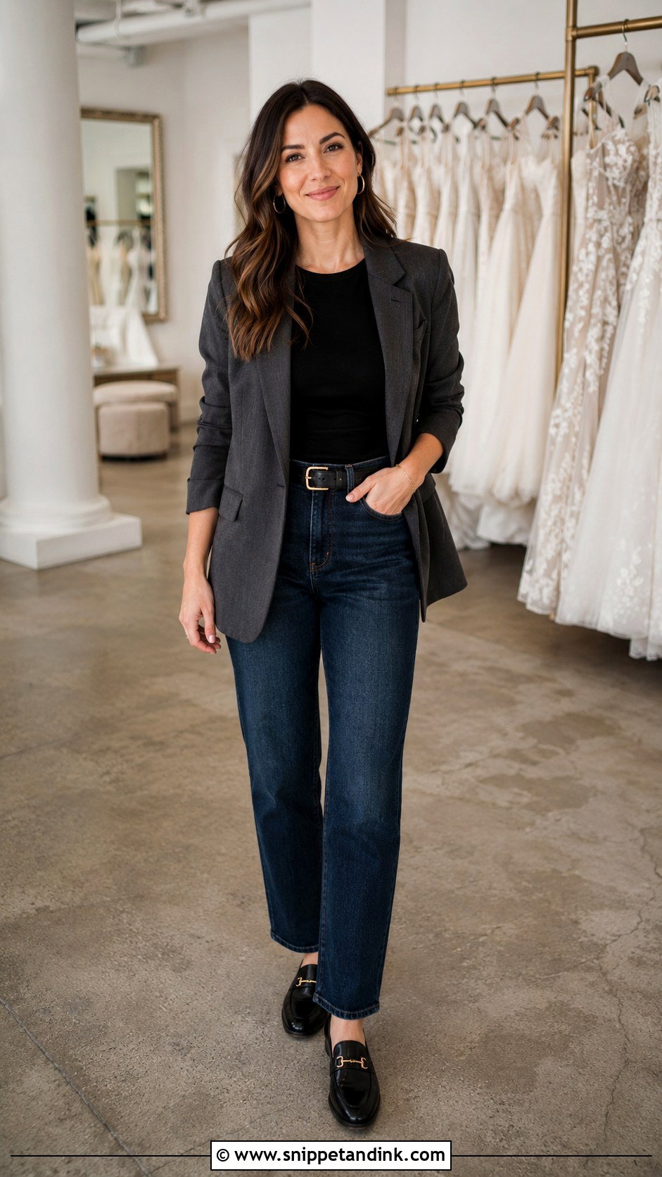 Bridal Consultant Blazer And Dark Jeans Outfit - Snippet and Ink - 20 Bridal Consultant Outfit Ideas