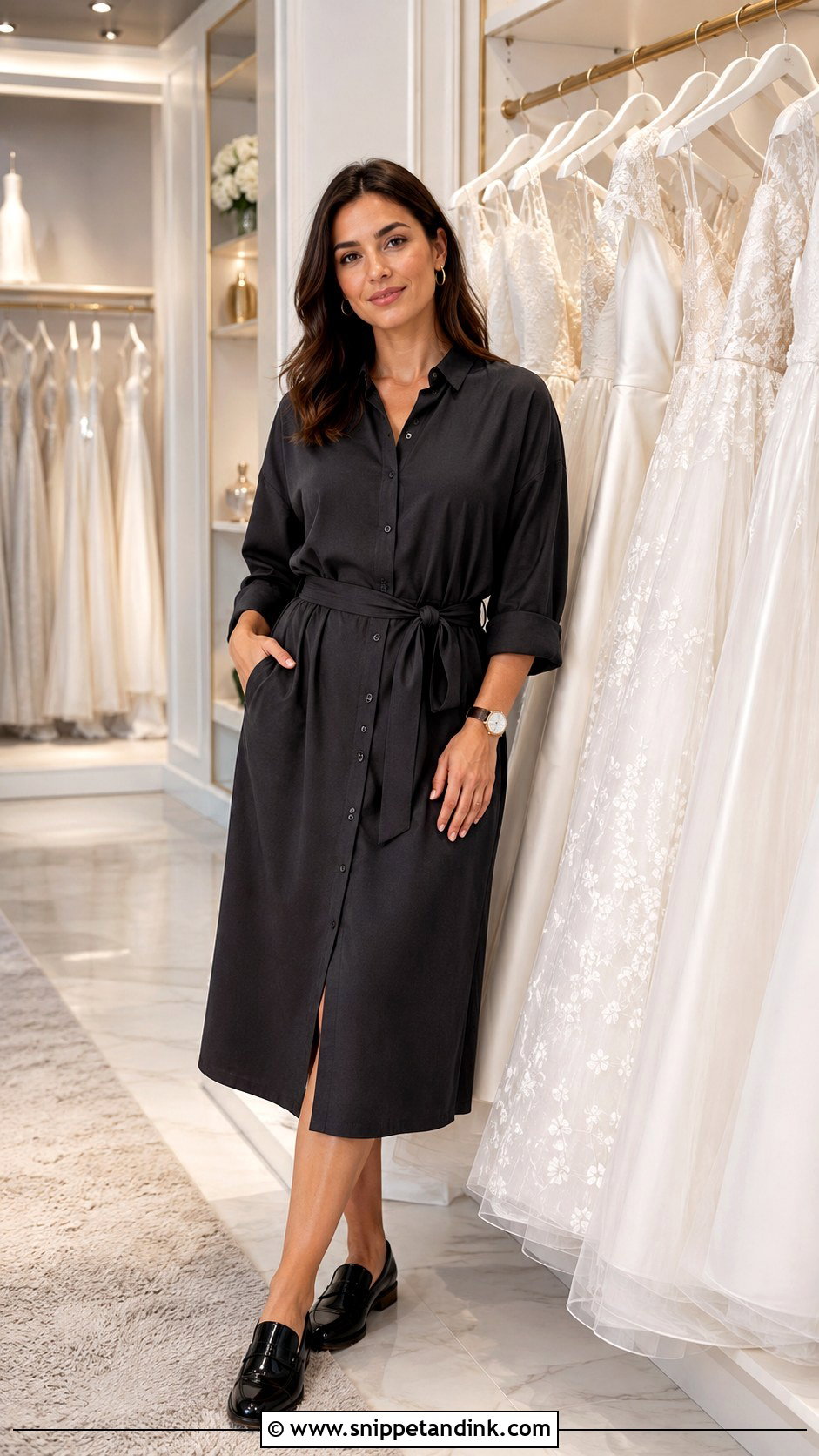 Bridal Consultant Midi Shirt Dress And Loafers Outfit - Snippet and Ink - 20 Bridal Consultant Outfit Ideas