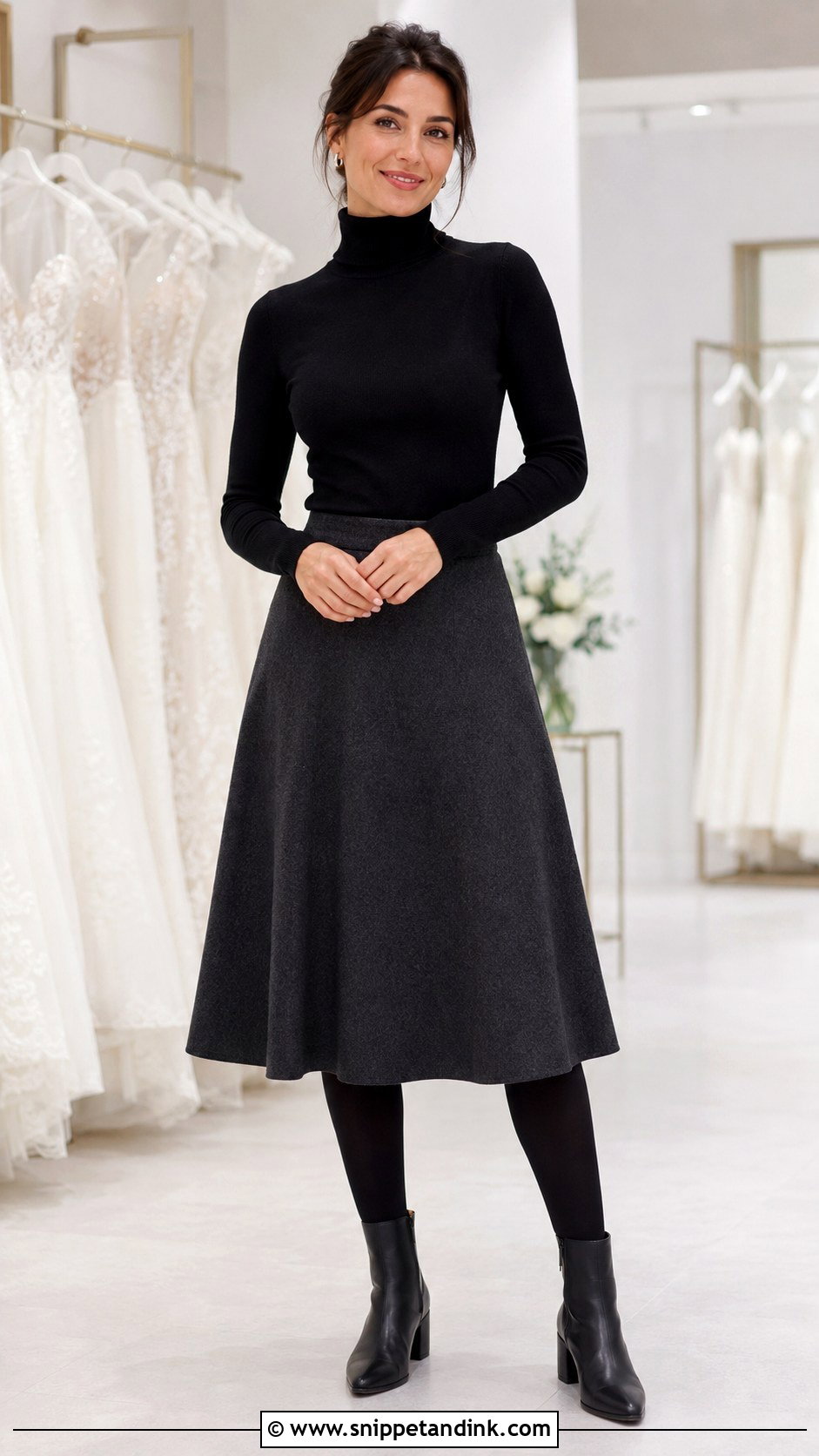 Bridal Consultant Turtleneck And Midi Skirt Outfit - Snippet and Ink - 20 Bridal Consultant Outfit Ideas