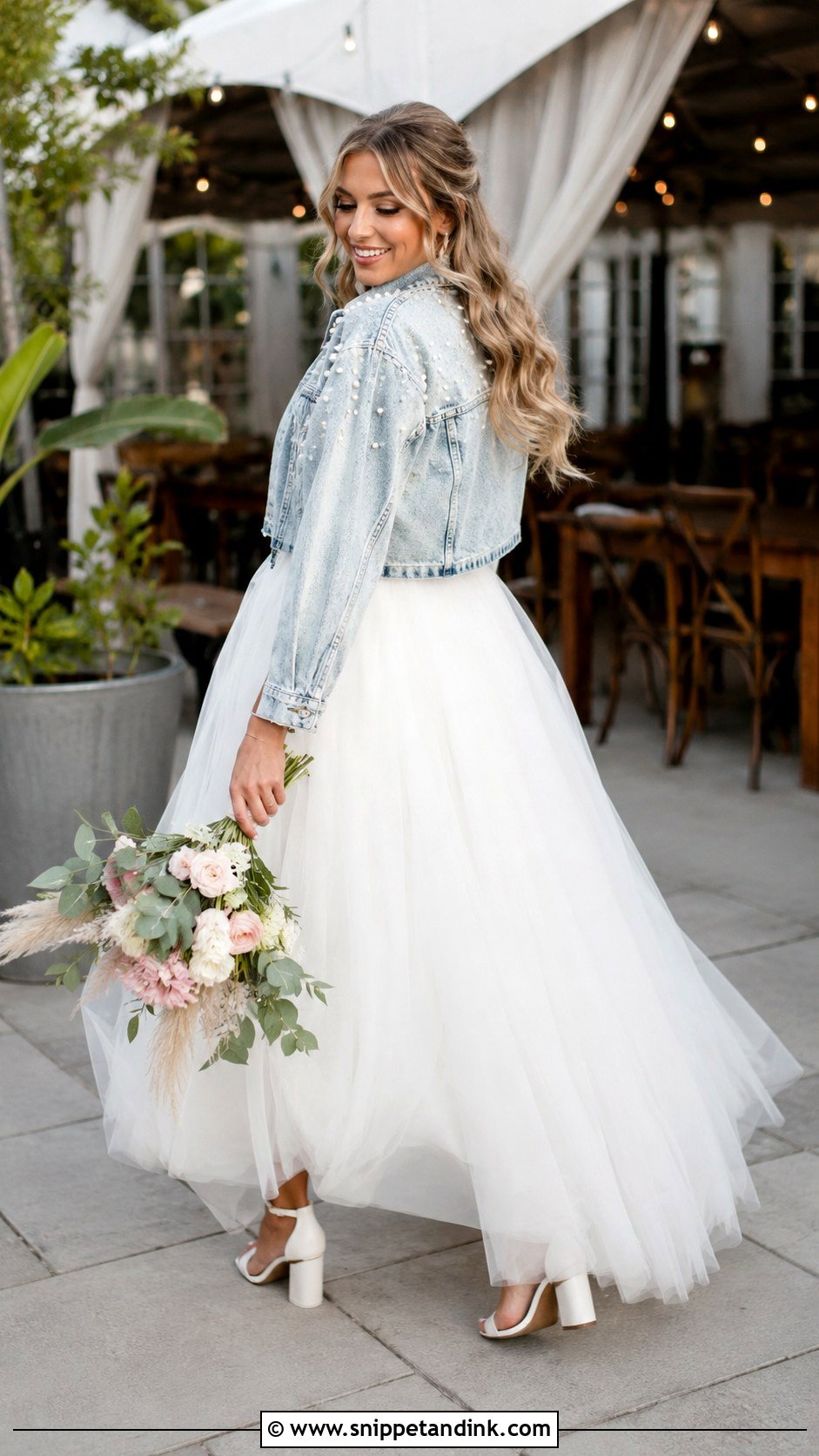 Bridal Denim Jacket Wedding Dress Topper - Snippet and Ink - 30 Wedding Dress Topper Ideas