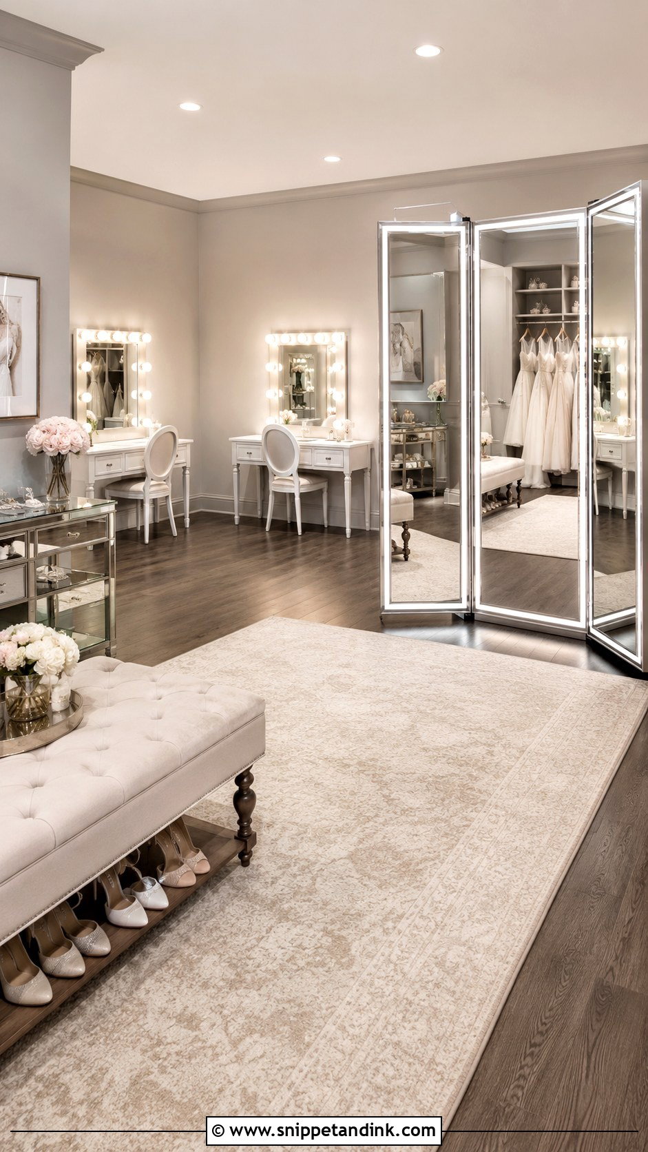 Bridal Dressing Room With Three Way Mirror - Snippet and Ink - 20 Bridal Dressing Room Ideas