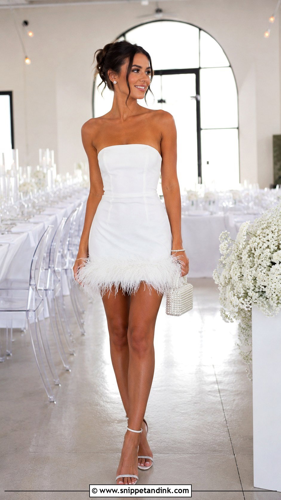 Bridal Feather Trim Mini Dress - Snippet and Ink - 20 Bride Outfit Change Ideas