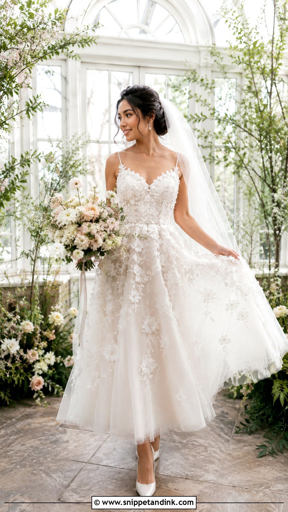 Bridal Floral Applique Gown With Sheer Veil - Snippet and Ink - 20 Bridal Attire Ideas