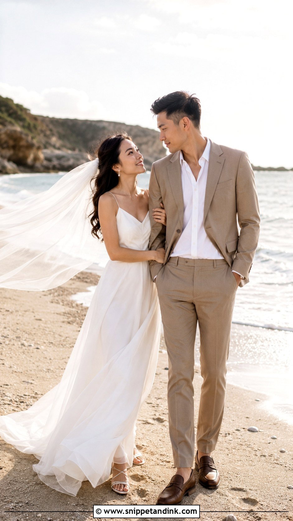 Bridal Gown And Tan Suit Outfit - Snippet and Ink - 20 Beach Pre Wedding Shoot Outfit Ideas