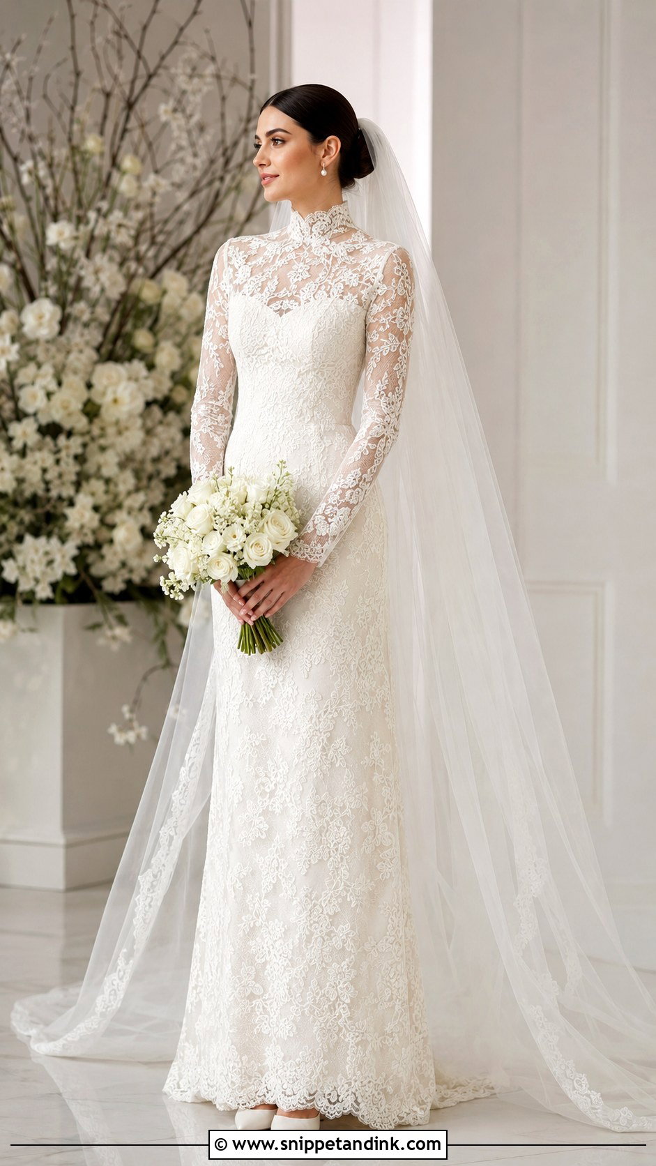 Bridal High Neck Gown With Sleek Bun - Snippet and Ink - 20 Bridal Attire Ideas