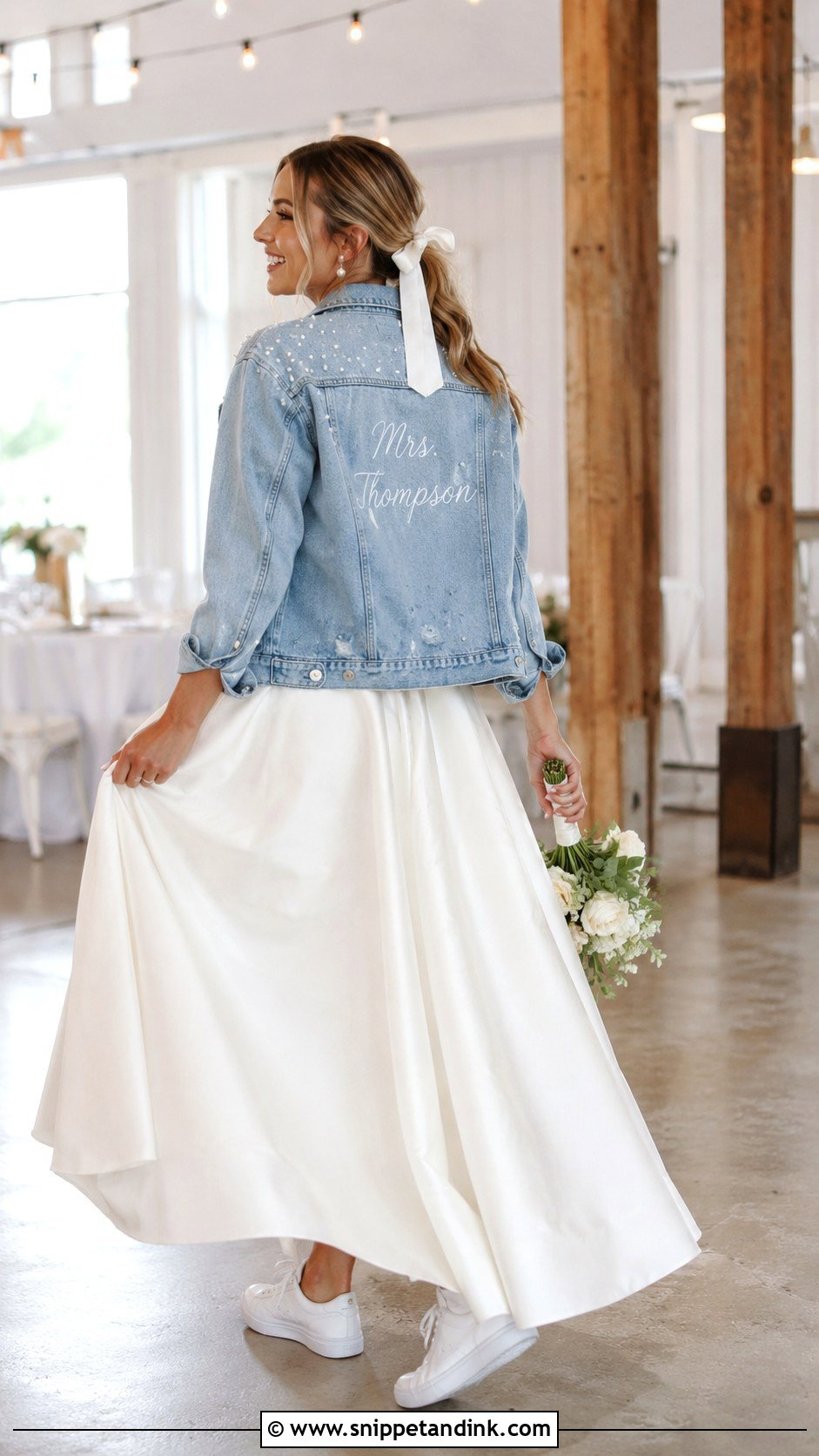 Bridal Jean Jacket With White Sneakers And Wedding Gown - Snippet and Ink - 20 Bridal Jean Jacket Ideas