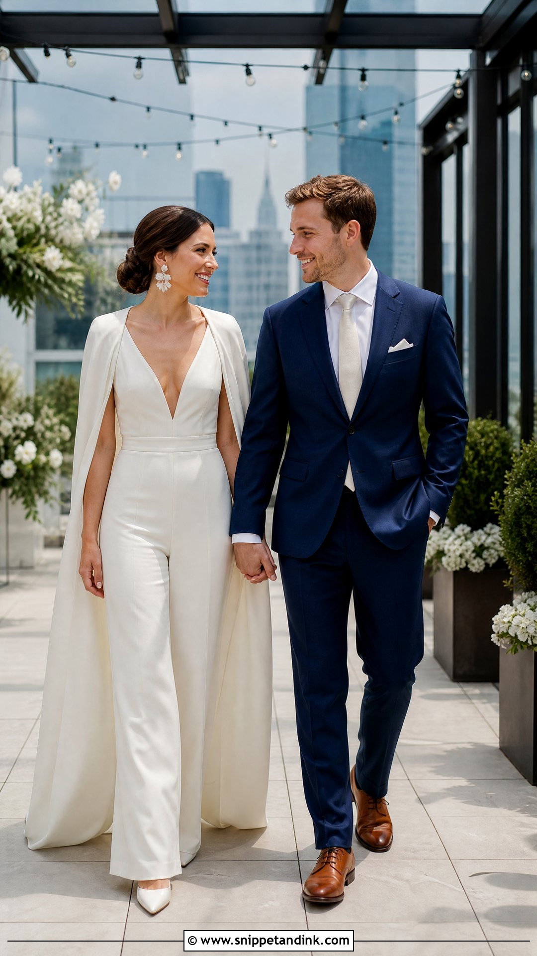 Bridal Jumpsuit And Blue Suit Wedding Outfit - Snippet and Ink - 25 Wedding Outfits for Couples