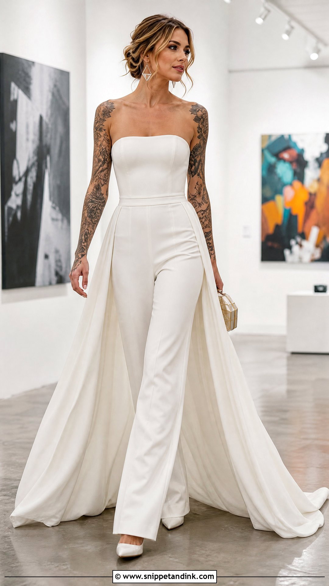Bridal Jumpsuit With Cape - Snippet and Ink - 20 Tattooed Bride Wedding Dress Ideas
