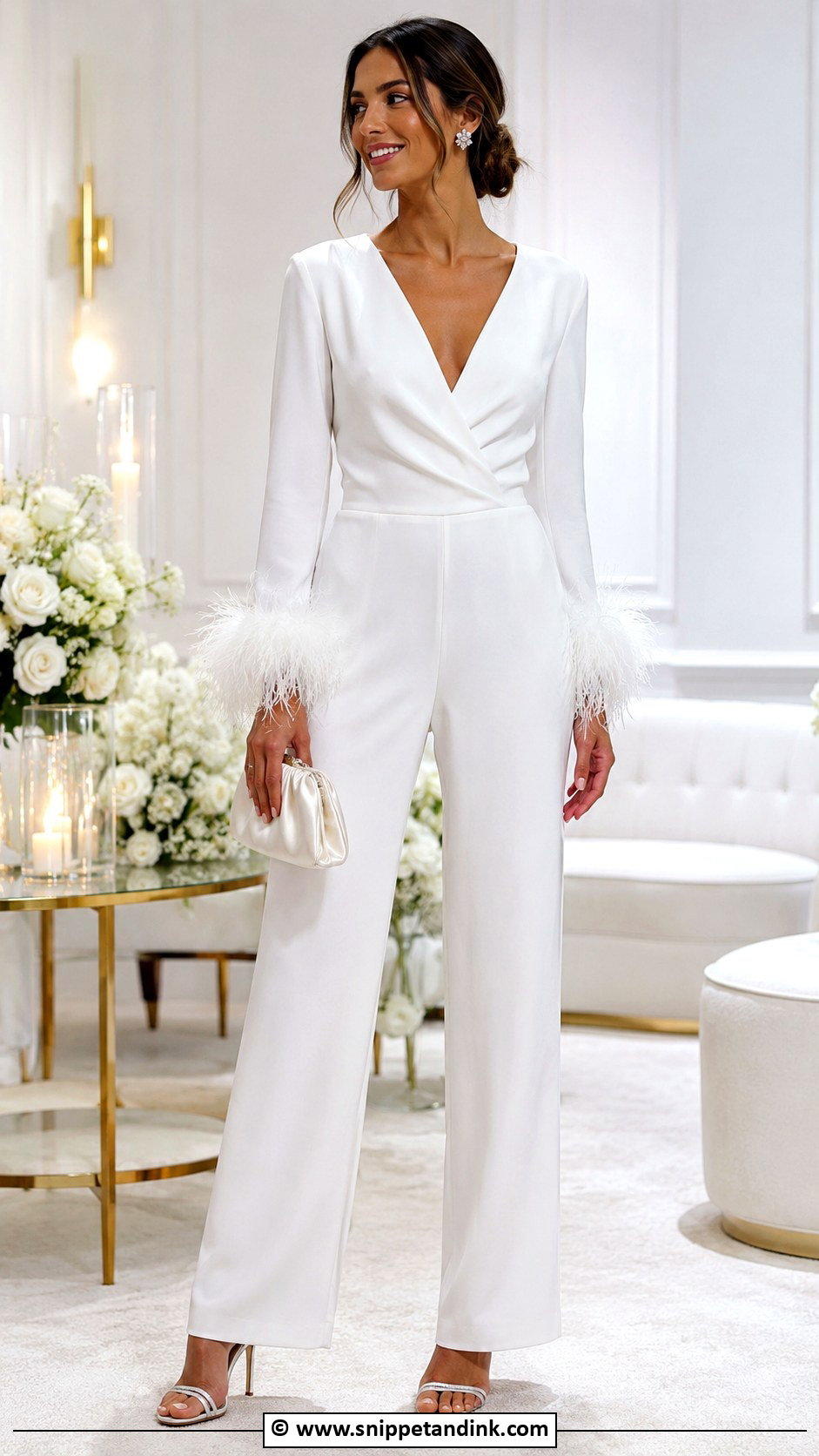 Bridal Jumpsuit With Feather Trim - Snippet and Ink - 30 Bridal Jumpsuit Ideas
