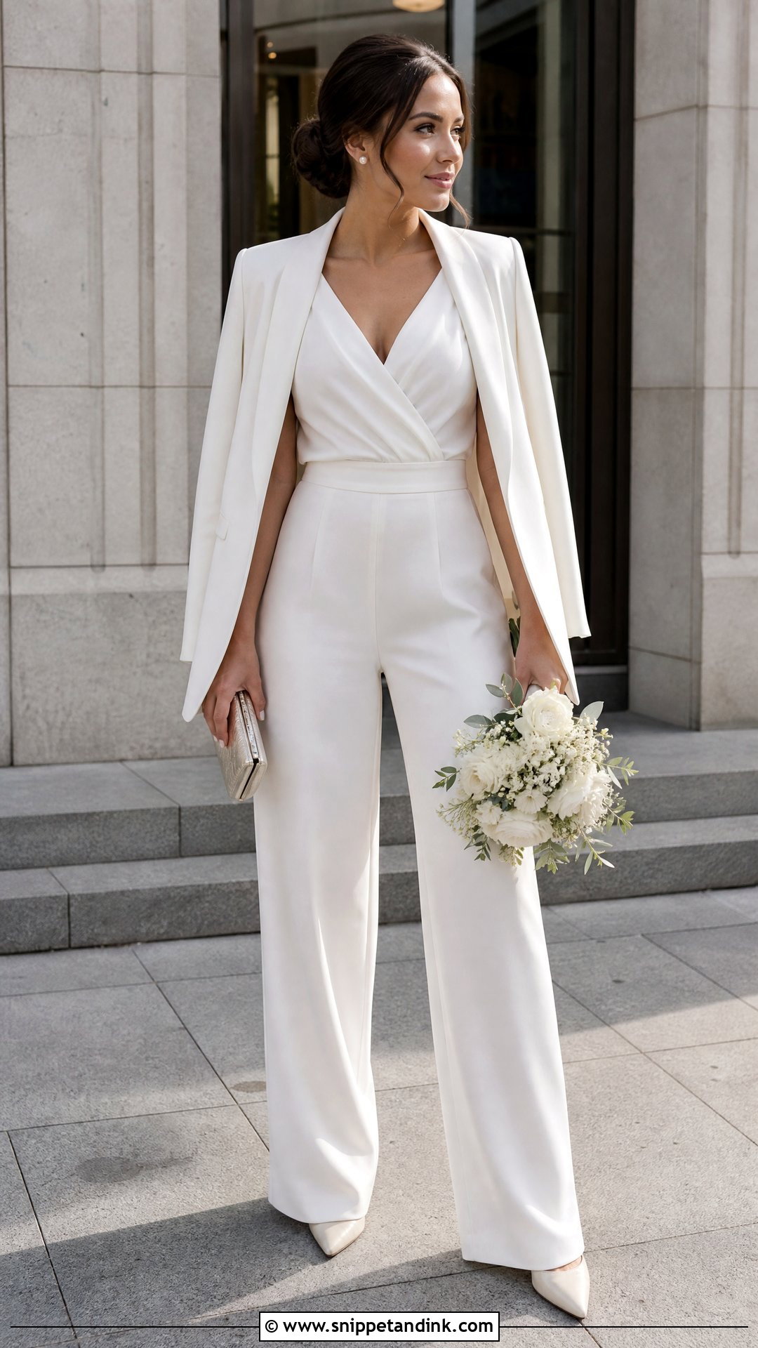 Bridal Jumpsuit With Pointed Pumps - Snippet and Ink - 20 Simple Bridal Outfit Ideas