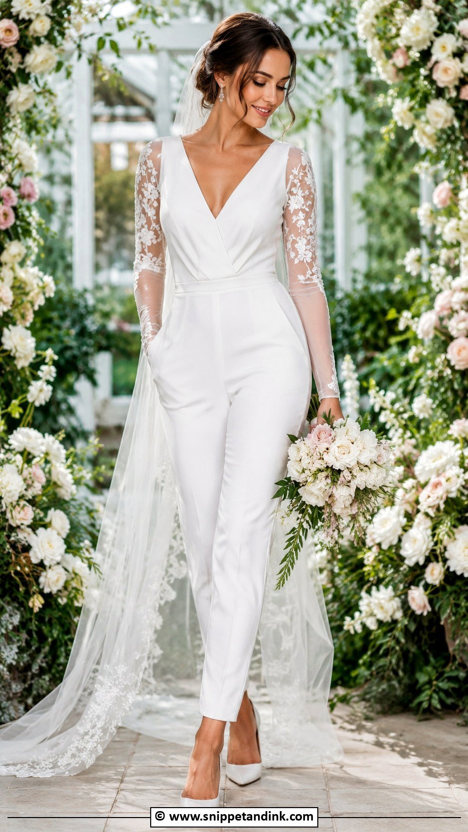 Bridal Jumpsuit With Sheer Sleeves - Snippet and Ink - 30 Bridal Jumpsuit Ideas