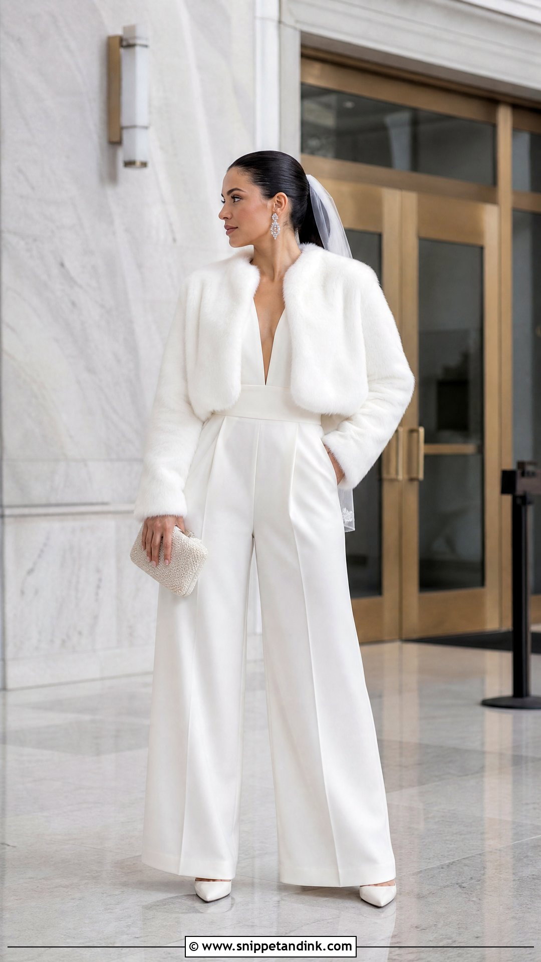 Bridal Jumpsuit With White Fur Jacket - Snippet and Ink - 25 Winter Wedding Dress Fur Ideas