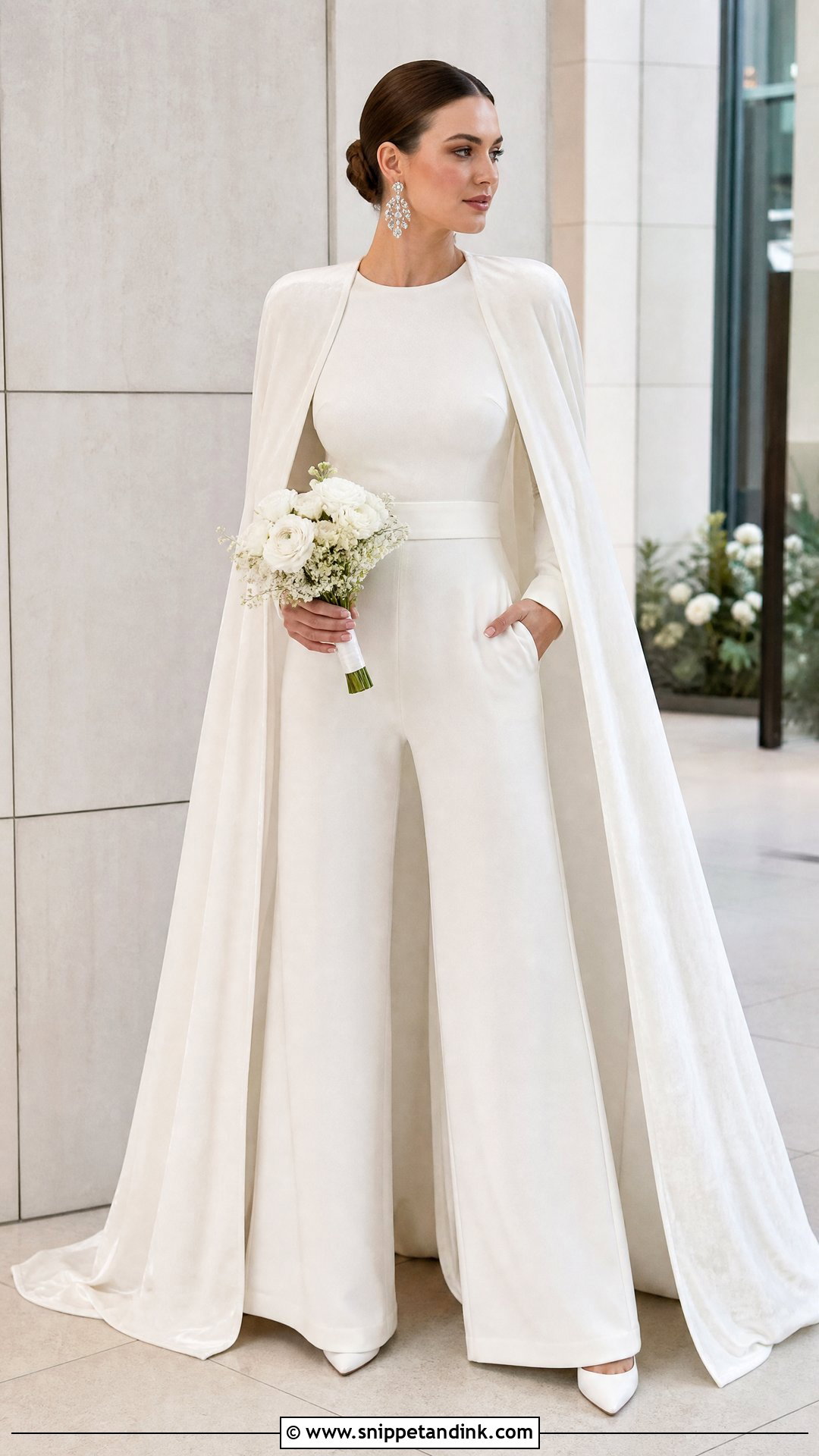 Bridal Jumpsuit With Winter Cape - Snippet and Ink - 20 Wedding Dress for Winter Ideas