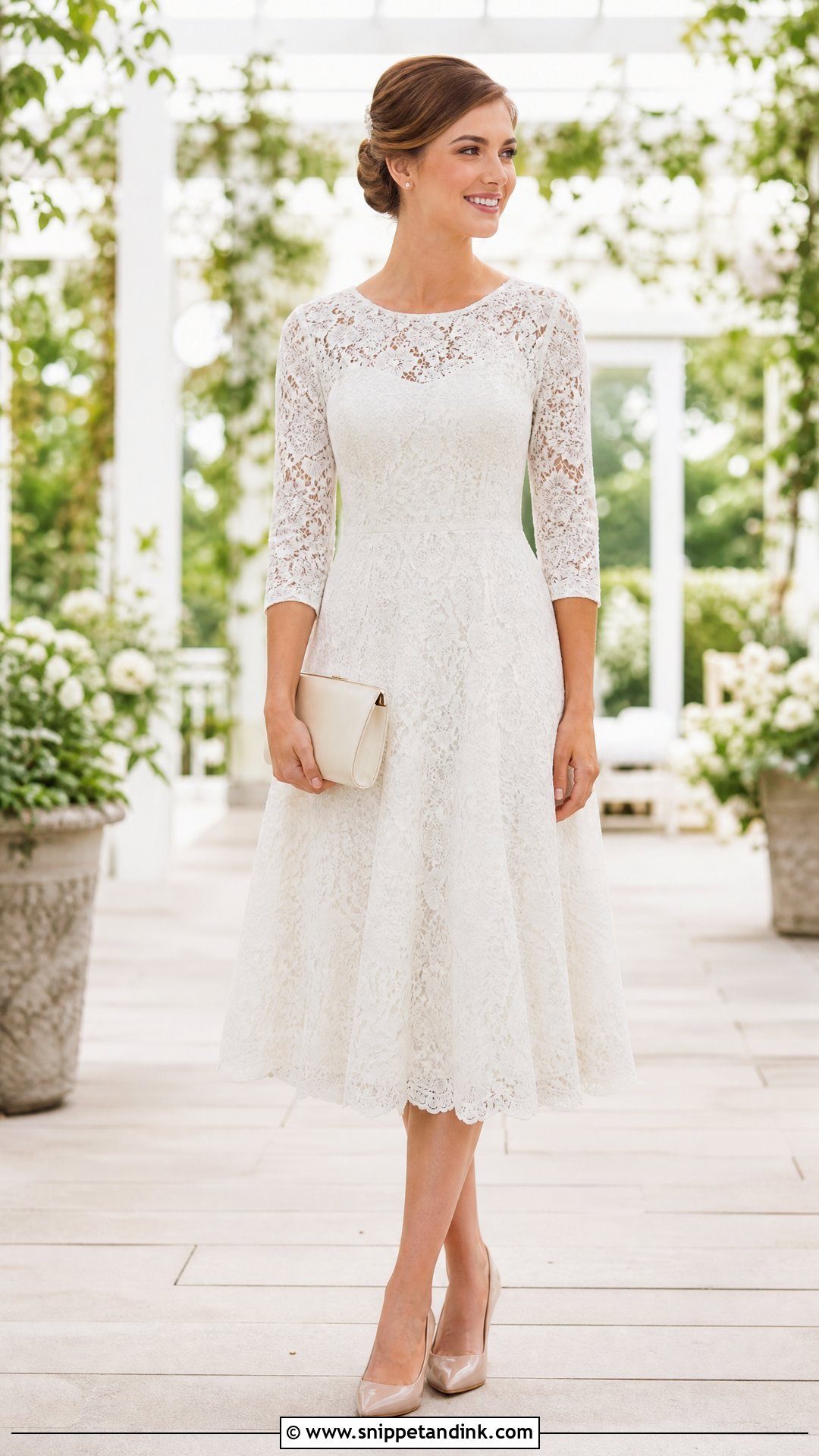 Bridal Lace Midi Dress With Nude Pumps - Snippet and Ink - 20 Simple Bridal Outfit Ideas