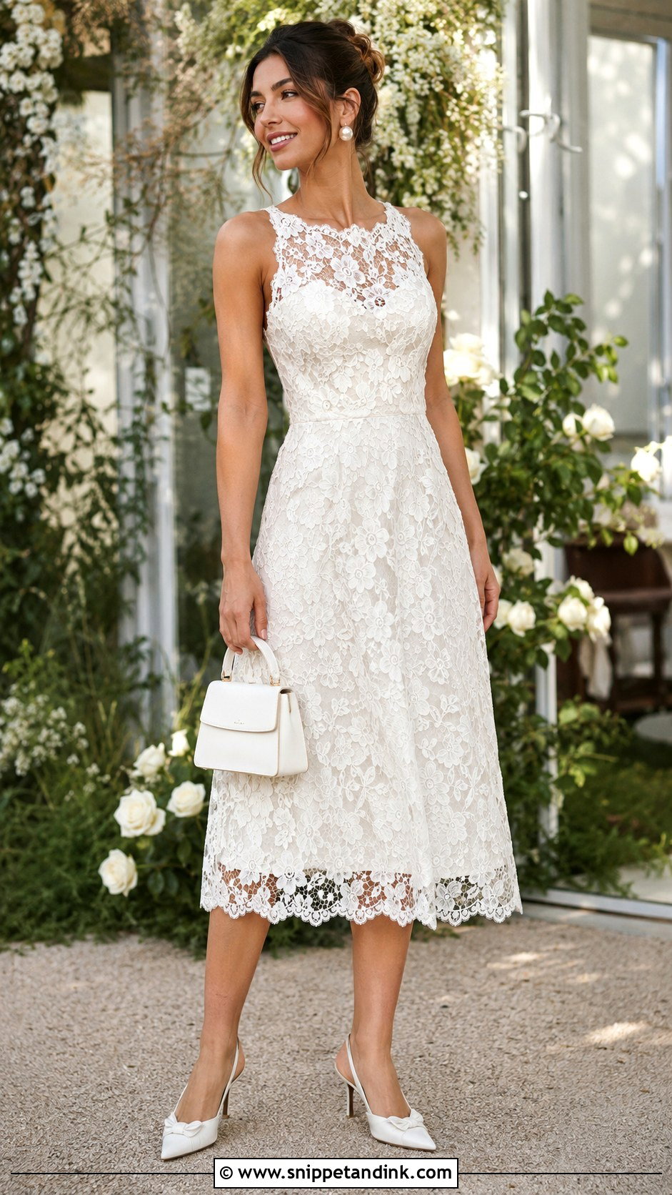 Bridal Lace Midi Dress With Slingback Heels - Snippet and Ink - 20 Bridal Second Dress Ideas