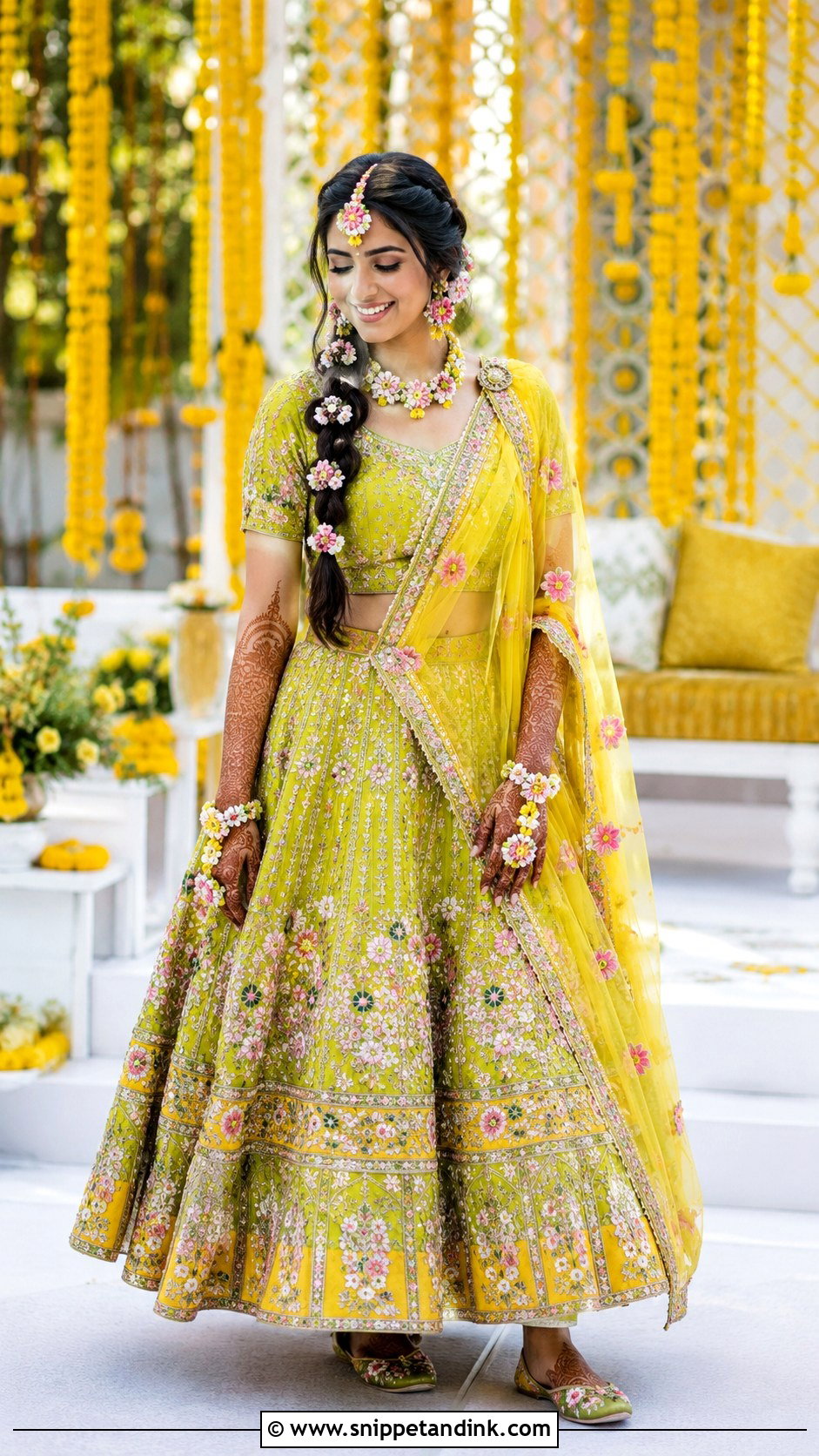 Bridal Mehendi Lehenga With Floral Jewelry - Snippet and Ink - 25 Outfit for Mehendi Function Ideas