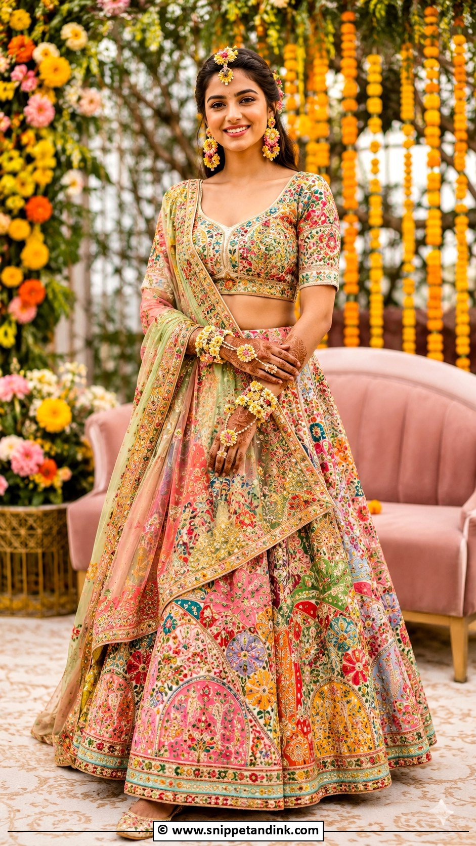 Bridal Mehendi Lehenga With Floral Jewelry - Snippet and Ink - 30 Mehendi Dress Ideas