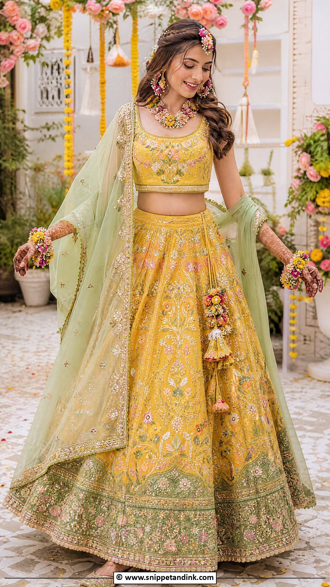 Bridal Mehndi Lehenga With Floral Jewelry - Snippet and Ink - 35 Mehndi Dress Ideas