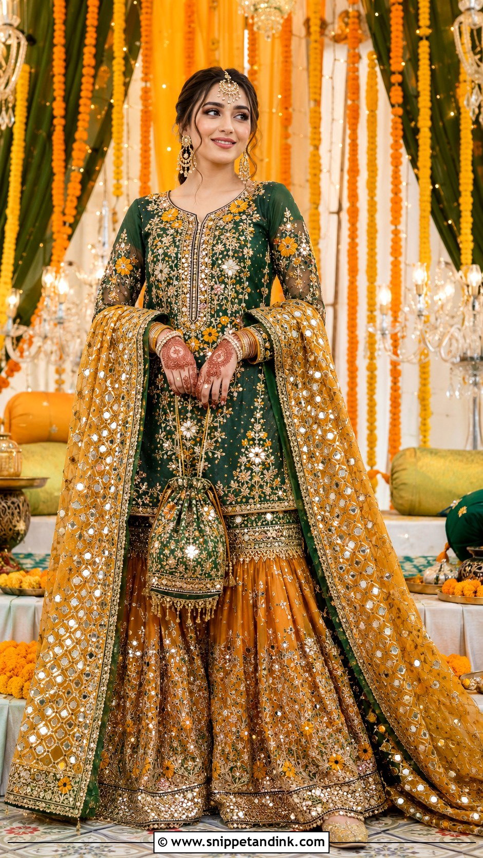 Bridal Mehndi Sharara With Heavy Dupatta - Snippet and Ink - 25 Mehndi Sharara Outfit Ideas