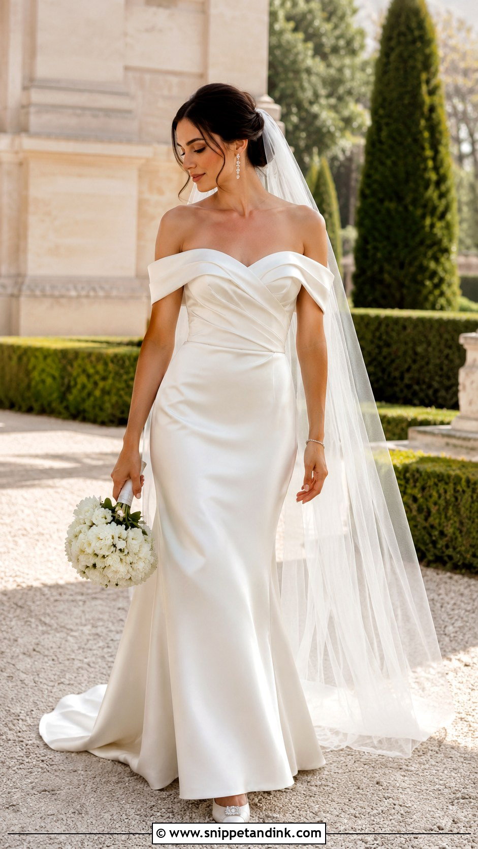 Bridal Off the Shoulder Gown With Drop Earrings - Snippet and Ink - 20 Bridal Attire Ideas