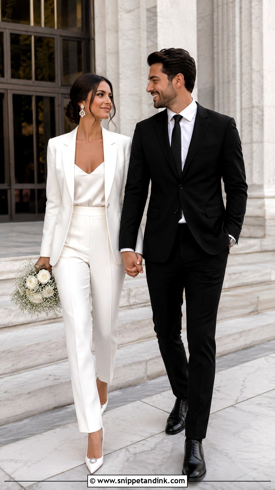 Bridal Pantsuit And Black Suit Wedding Couple Outfit - Snippet and Ink - 25 Wedding Couple Outfits
