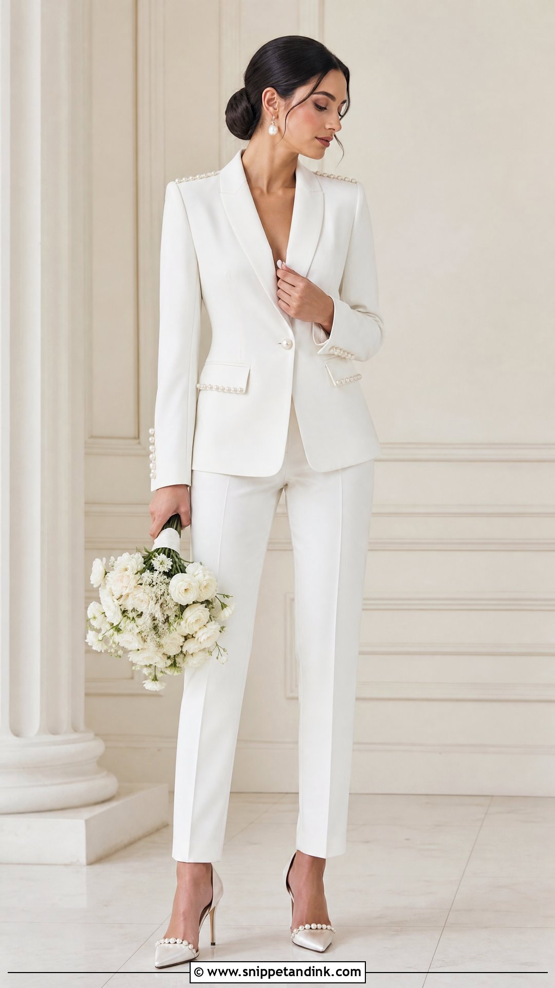 Bridal Pantsuit With Pearl Details - Snippet and Ink - 25 Bridal Pantsuit Brides Ideas