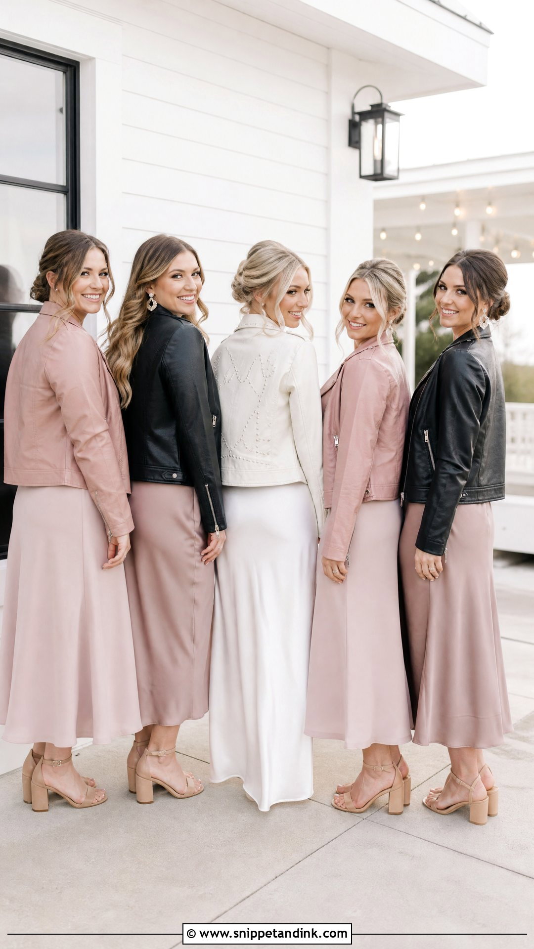 Bridal Party Wedding Leather Jackets With Midi Dresses - Snippet and Ink - 20 Wedding Leather Jacket Ideas