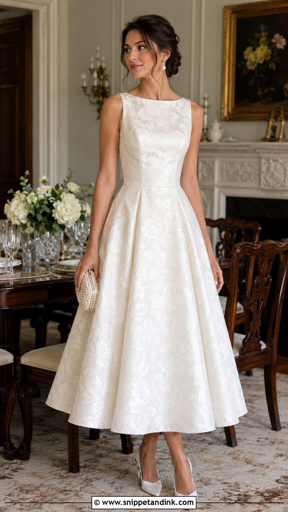 Bridal Rehearsal Dinner Tea Length Jacquard Dress - Snippet and Ink - 20 Bridal Rehearsal Dinner Dress Ideas