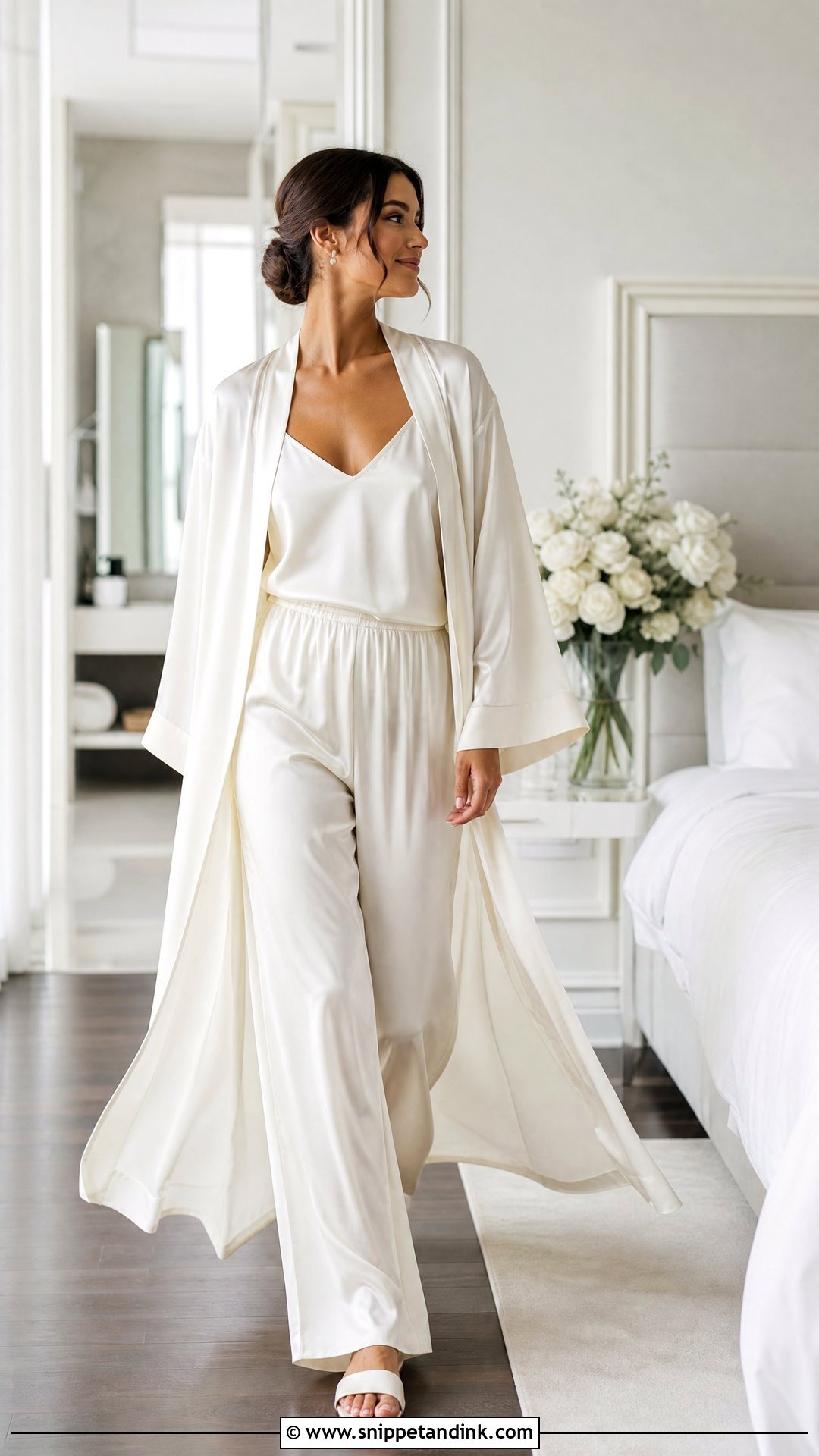 Bridal Robe With Wide Leg Pants Outfit - Snippet and Ink - 25 Wedding Robes for Bride Ideas