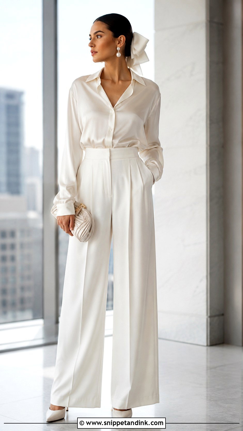 Bridal Shirt And Wide Leg Pants Wedding Outfit - Snippet and Ink - 20 Unique Wedding Outfits
