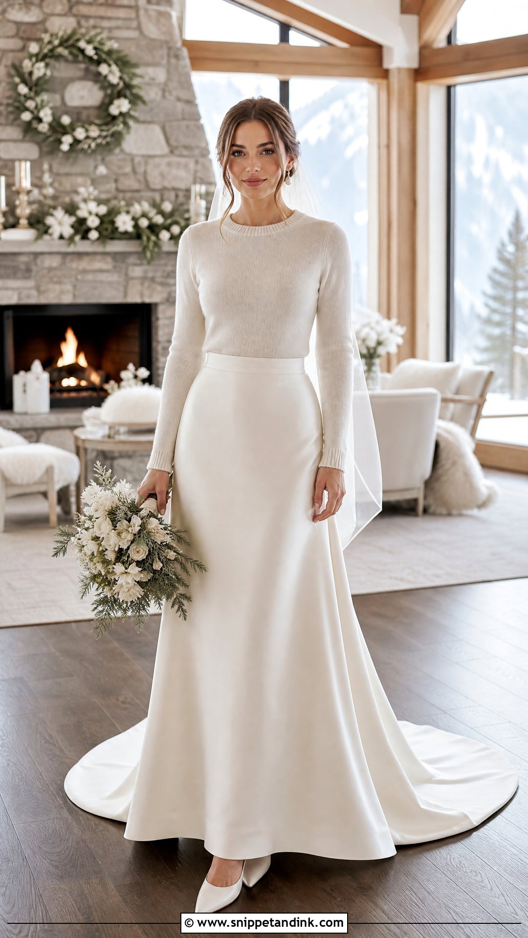 Bridal Sweater And Satin Skirt Outfit - Snippet and Ink - 20 Winter Bridal Ideas