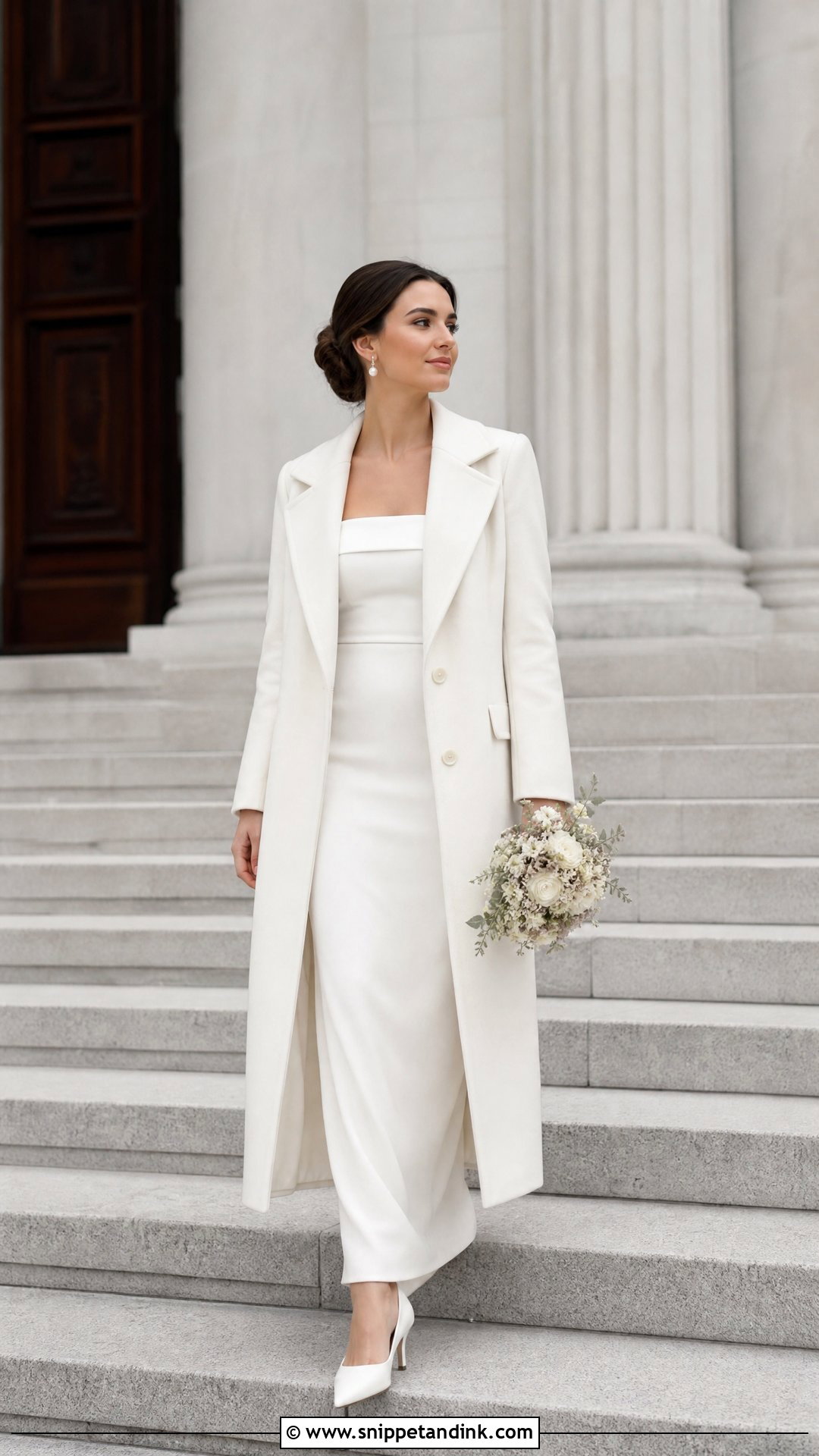 Bridal White Coat With Minimal Wedding Gown - Snippet and Ink - 20 Formal Coats for Women Wedding Ideas