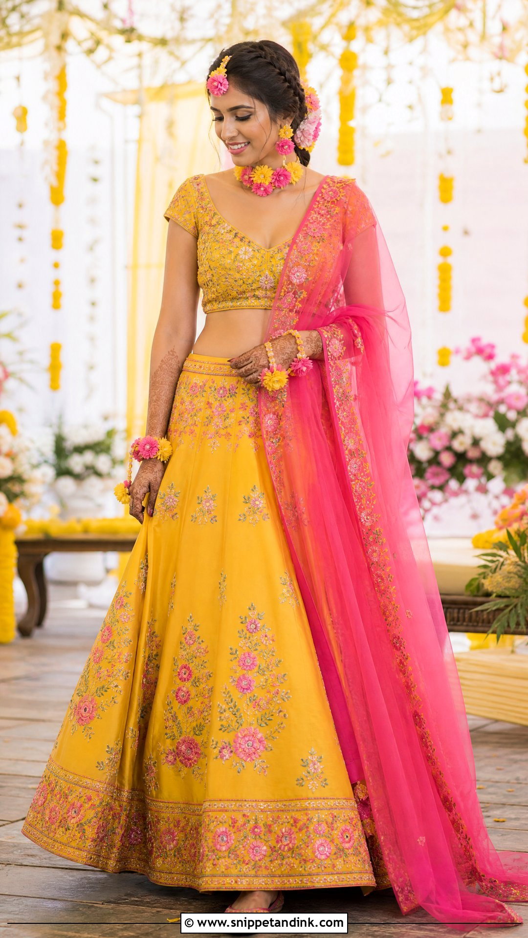 Bridal Yellow Pithi Lehenga With Pink Dupatta - Snippet and Ink - 20 Yellow Pithi Outfit Ideas