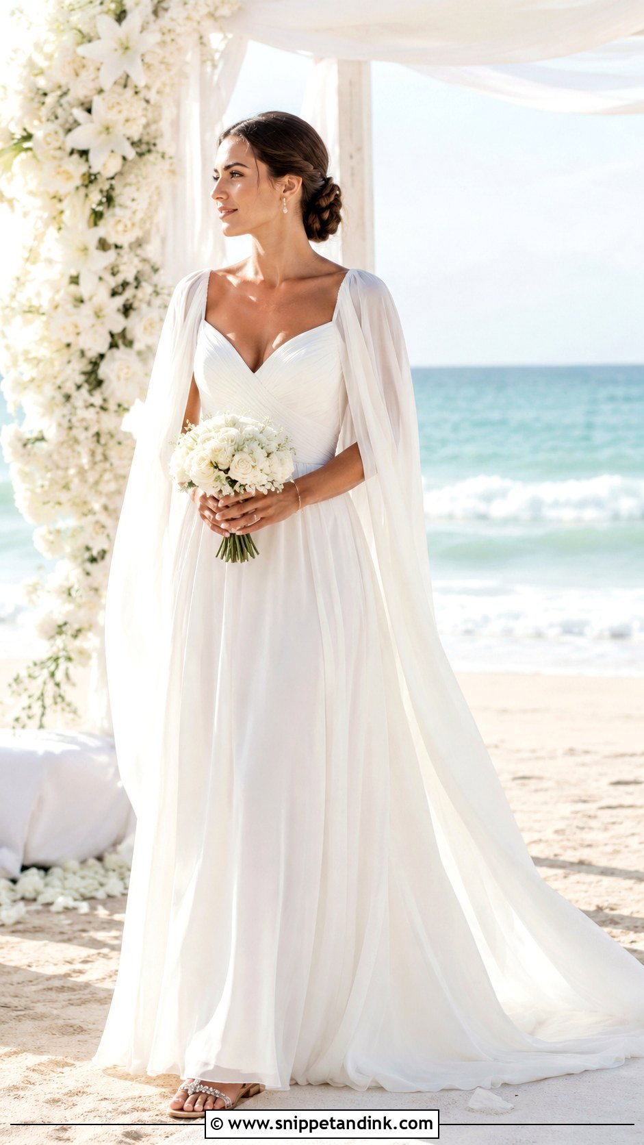 Bride Beach Chiffon Gown With Cape Sleeves - Snippet and Ink - 20 Bride Beach Outfit Ideas