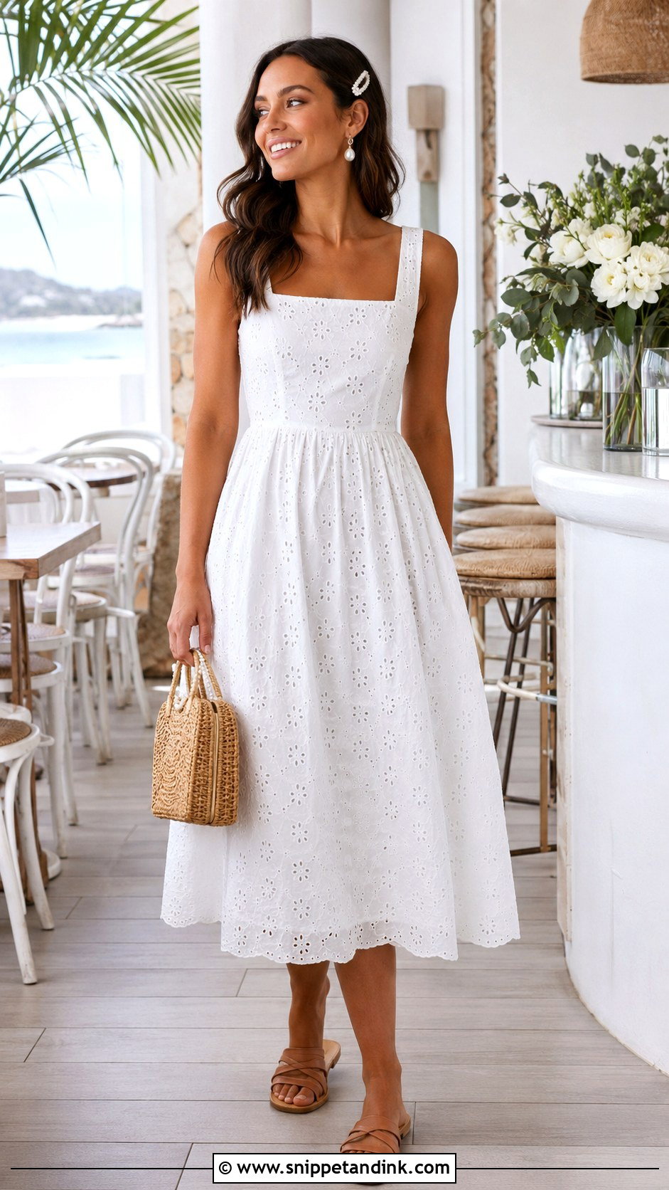 Bride Beach Embroidered Midi Dress With Woven Bag - Snippet and Ink - 20 Bride Beach Outfit Ideas