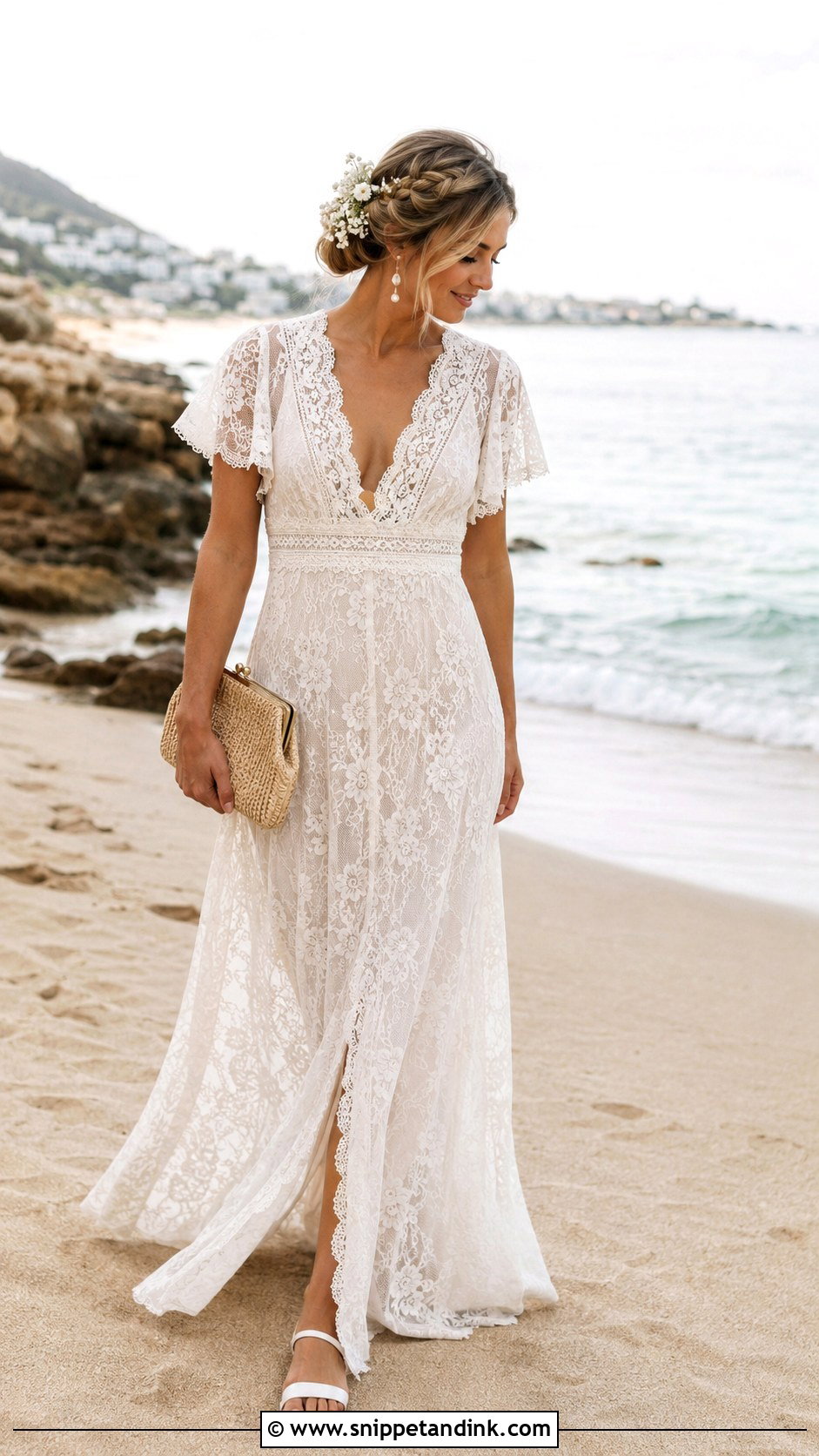 Bride Beach Lace Maxi Dress With Woven Accessories - Snippet and Ink - 20 Bride Beach Outfit Ideas