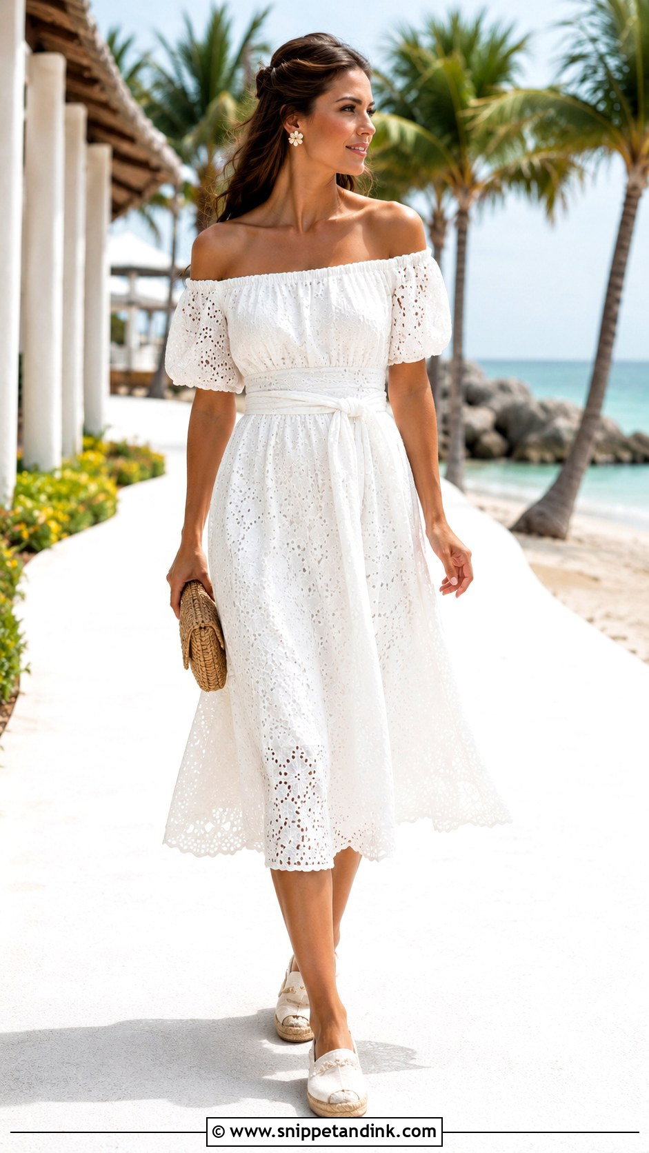Bride Beach Off Shoulder Dress With Flat Espadrilles - Snippet and Ink - 20 Bride Beach Outfit Ideas