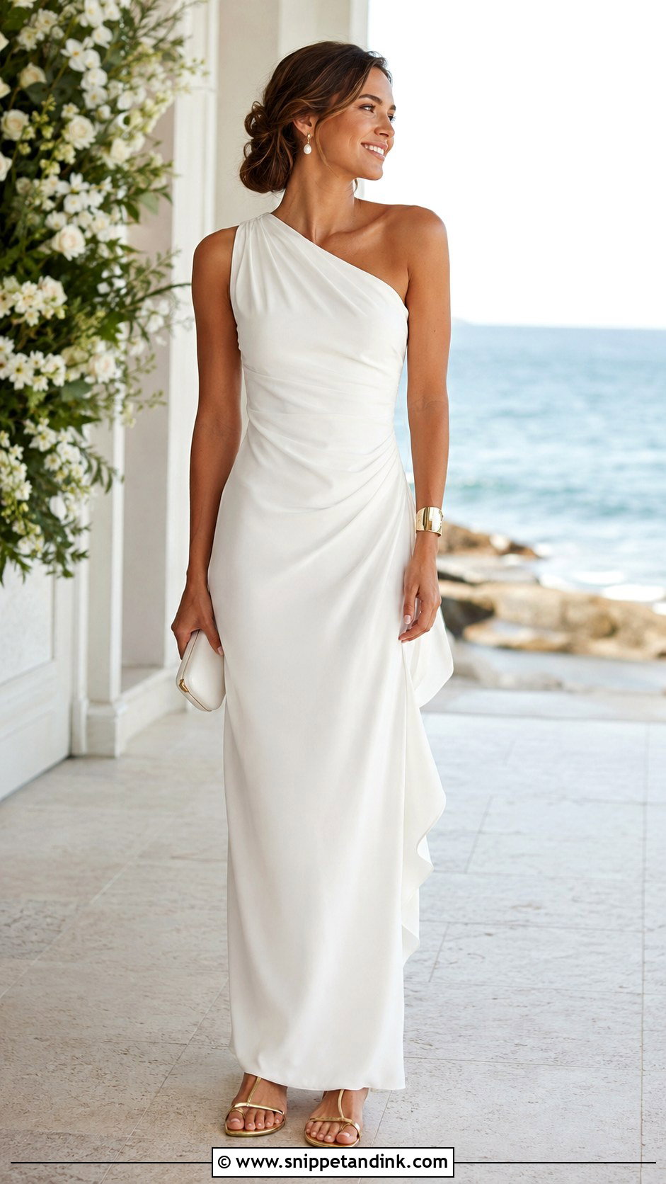 Bride Beach One Shoulder Dress With Gold Accessories - Snippet and Ink - 20 Bride Beach Outfit Ideas
