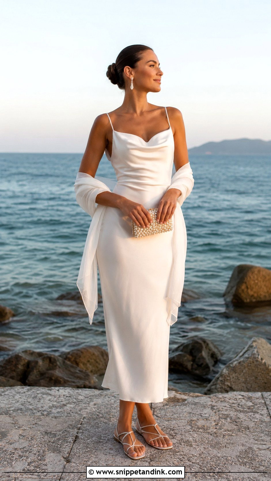 Bride Beach Satin Midi Dress With Strappy Flats - Snippet and Ink - 20 Bride Beach Outfit Ideas